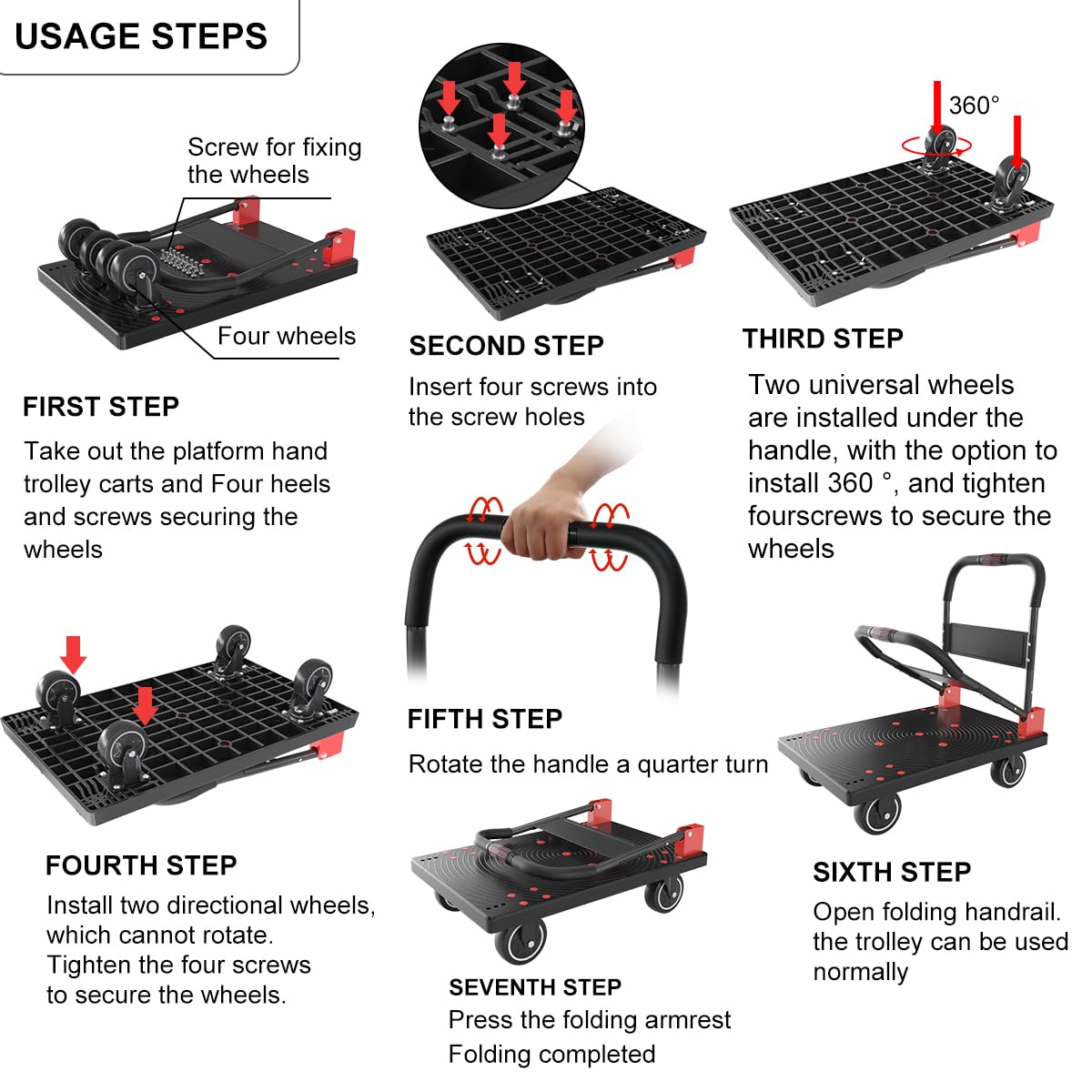 WUD Push Cart, Folding Mobile Platform Trolley,Thickened and Reinforced, 360° Swivel Wheels, 28.7 “L x 19.3 ”W, 661 lb.Black Dolly cart with Wheels