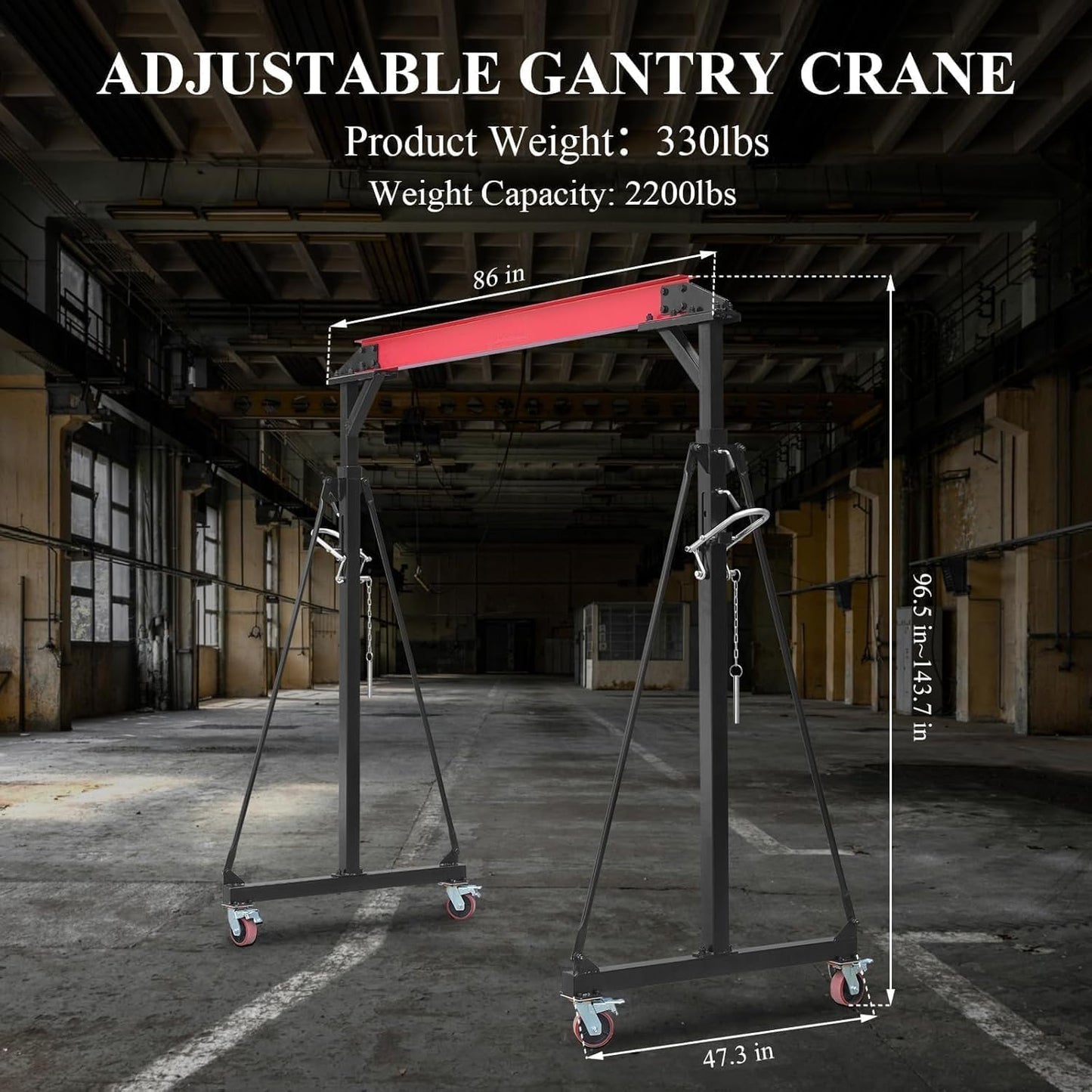 1 Ton Adjustable Height Gantry Crane with Locking Casters - 2200 LBS Heavy Duty Steel Shop Crane for Workshop, Garage, Warehouse