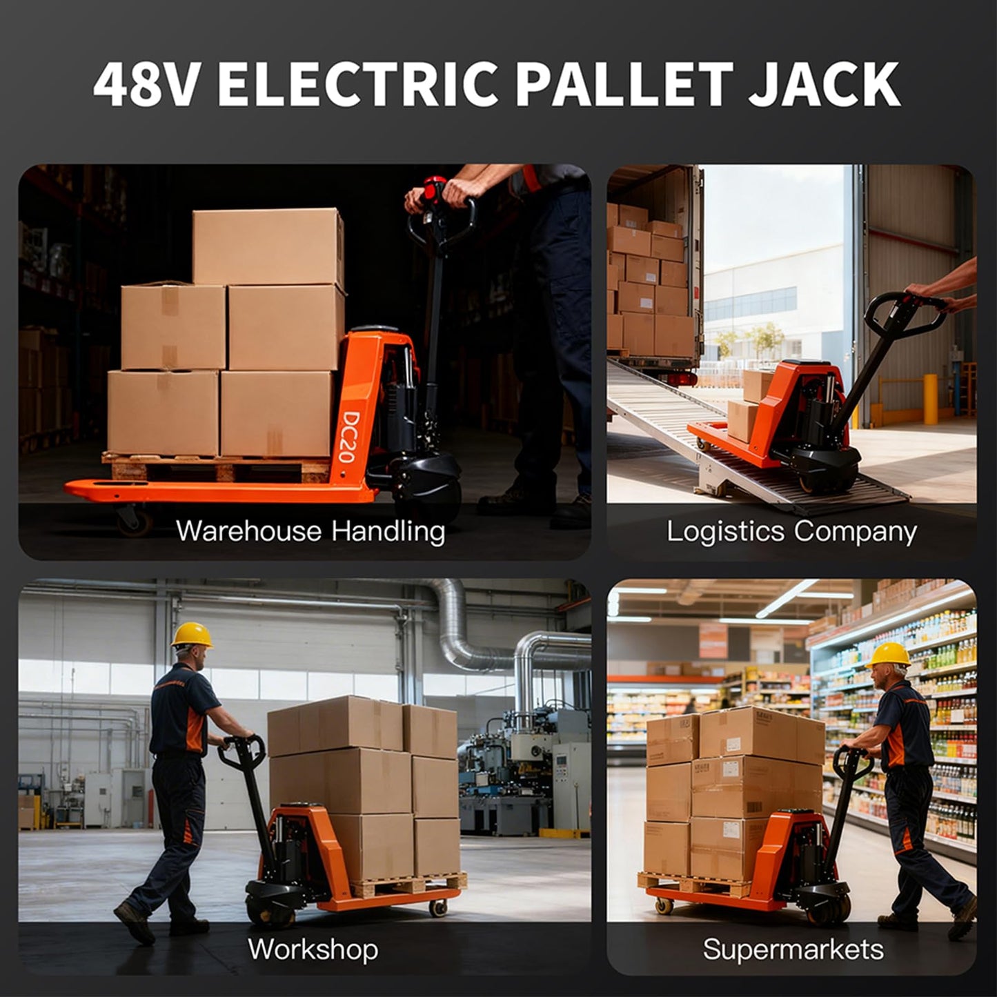 Full Electric Pallet Jack, 4400lbs Capacity Pallet Truck, 48V 20AH Lithium Powered Pallet Truck, 6 Hours Working Time, 3.35 to 7.68 Inch Lift Height, 48 x 27 Inch Fork Size, for Material Handling