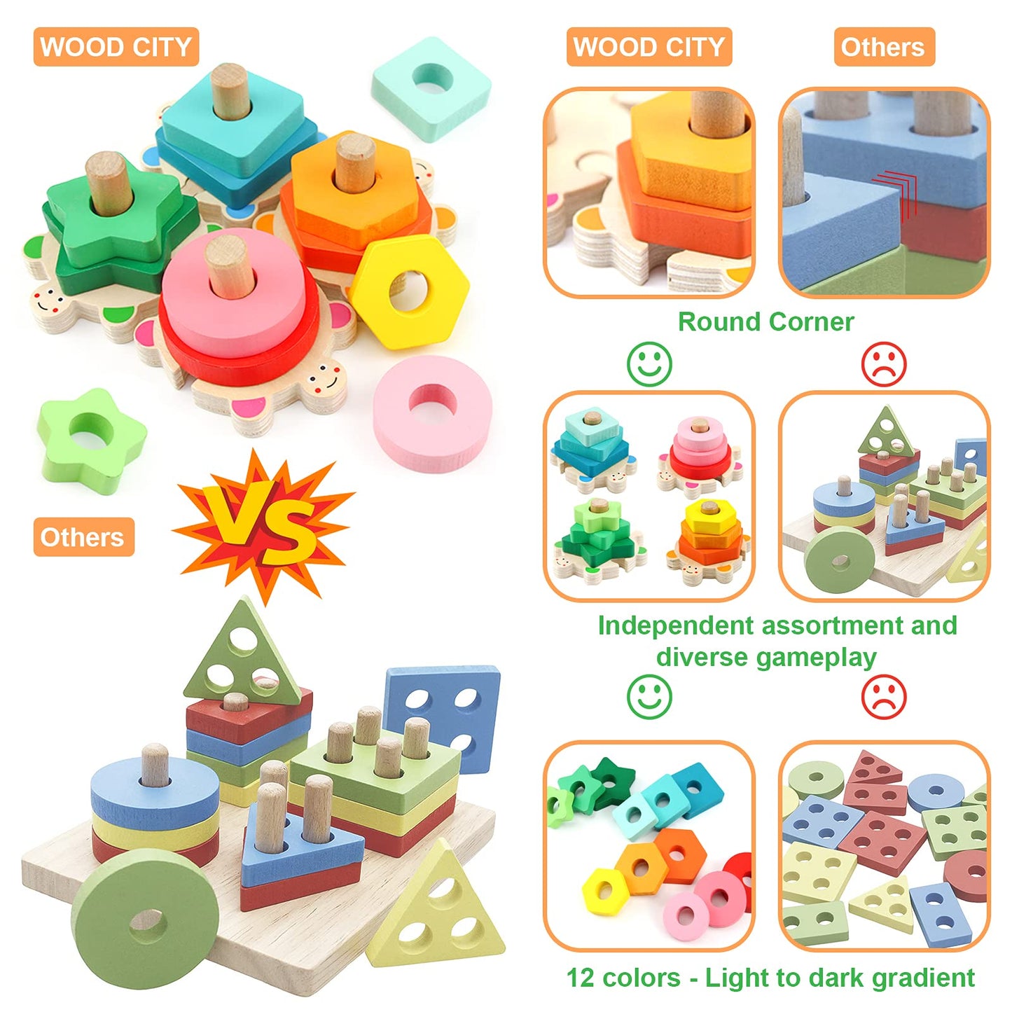 WOOD CITY Stacking Toys for Toddlers 1-3, Montessori Shape Sorter Baby Toys 12-18 Months, Wooden Block Educational Puzzle Toys for Boys Girls 1 2 3 4 Year Old Preschool Learning Gifts