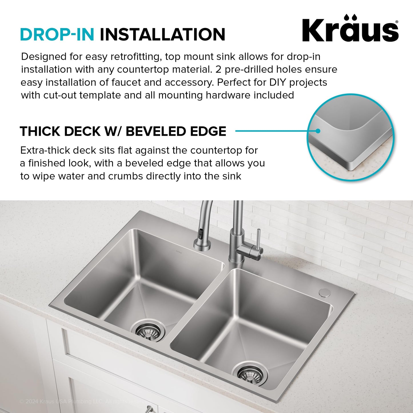 KRAUS Fairlane 33-inch Drop In/Top Mount Double Bowl 18-Gauge Stainless Steel Kitchen Sink, KHT632-33