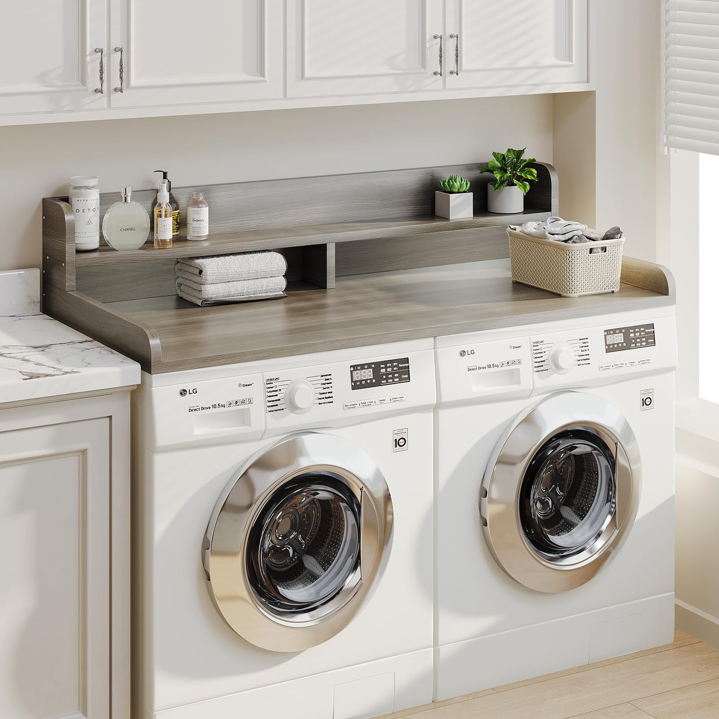 Corbyles 2-Tier Washer Dryer Countertop with 2.75" H Edge Rails, 58" W x 28" D Laundry Countertop for Folding Clothes, Washer and Dryer Topper with Non-Slip Pad (Stripe Gray)