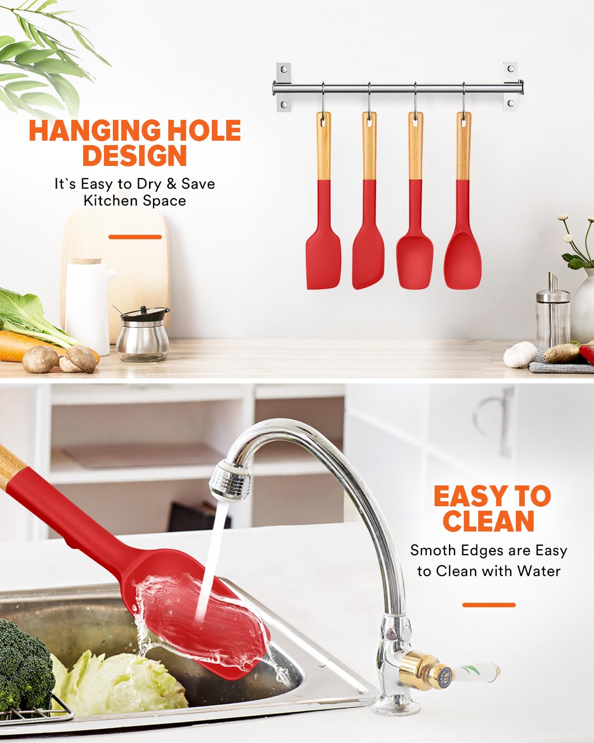 Silicone Spatula Spoon Set, Great for Mixing, Folding, Scraping, and Spreading, Sturdy BPA-Free Matte Silicone, Wooden Handle Rubber Spoonula for Nonstick Cookwares,4 Pack (RED)