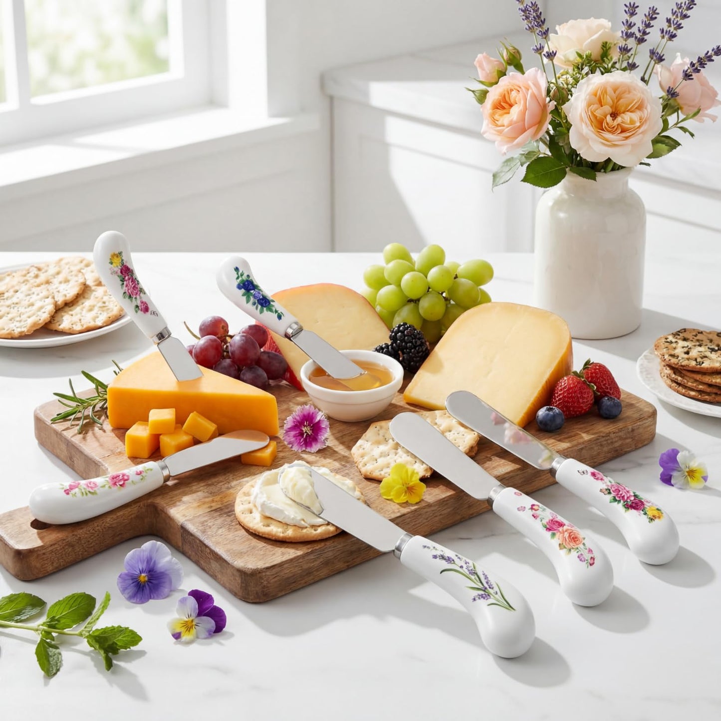 Yiyiring 6 Pack Floral Cheese Spreaders 4.95" Stainless Steel Butter Knife with Ceramic Handle for Jam, Pastry, Butter Knife - Holiday Silverware & Festive Kitchen Cutlery