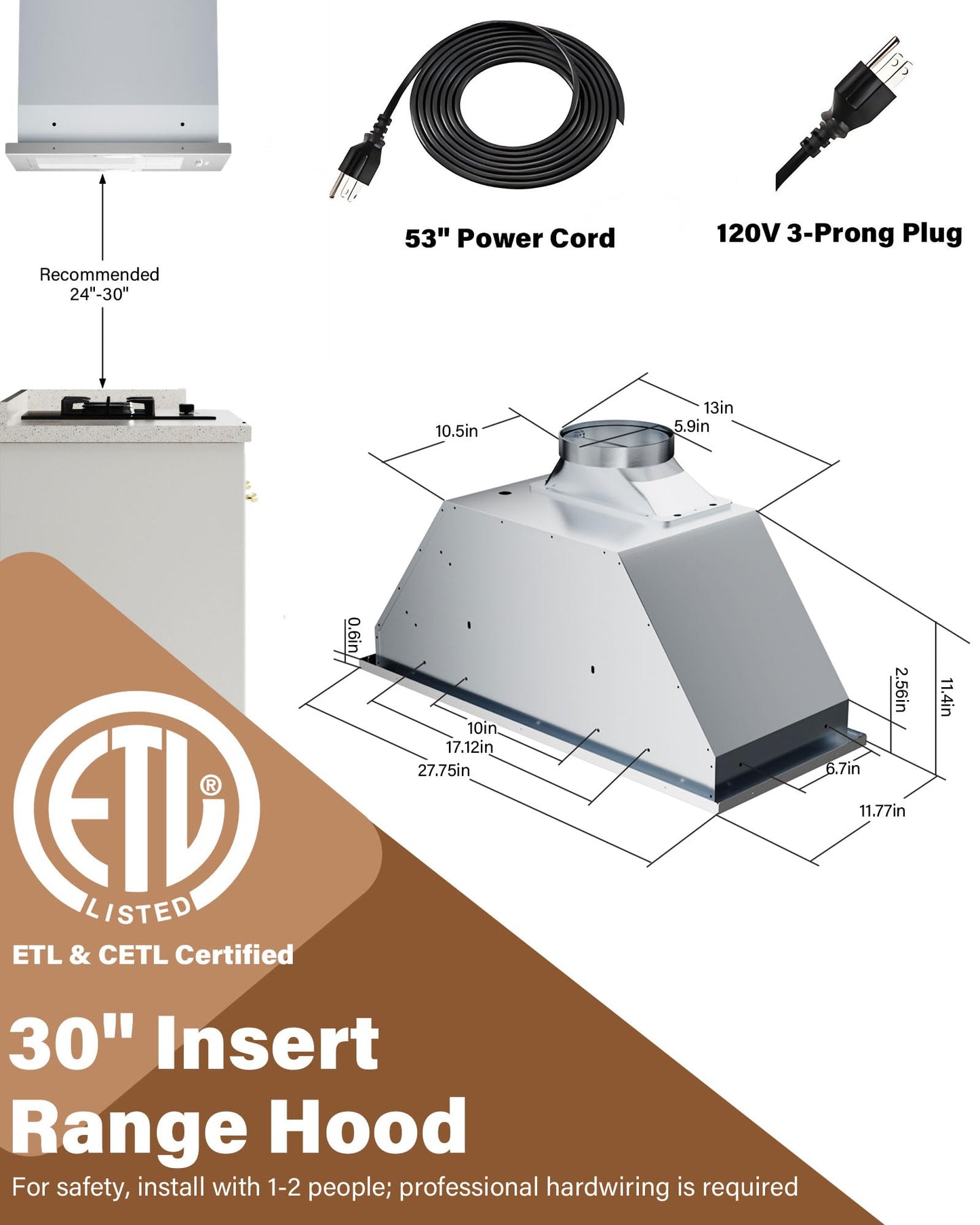FlyPine 30 inch Stainless Steel Insert Range Hood - 900 CFM, Ultra-Quiet 4-Speed Vent, Button Control, LED Lights, Ducted/Ductless Convertible