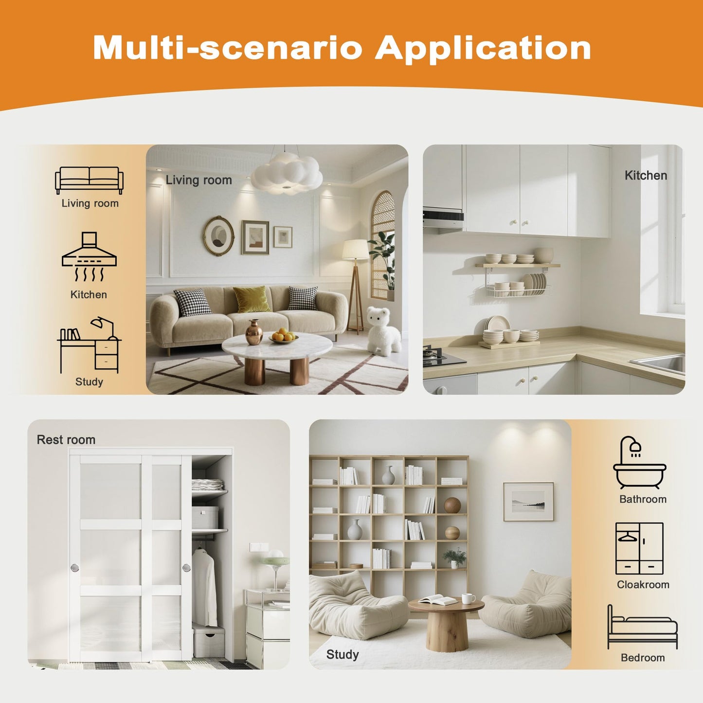 JUJUBON Closet Sliding Door, 48"ร80"(Double Barn Doors 25"), Double 5 Panel Sliding Door with Hardware Kit, Pre-Drilled Doors Panel, MDF with Paintable Surface, White, Need to Assemble