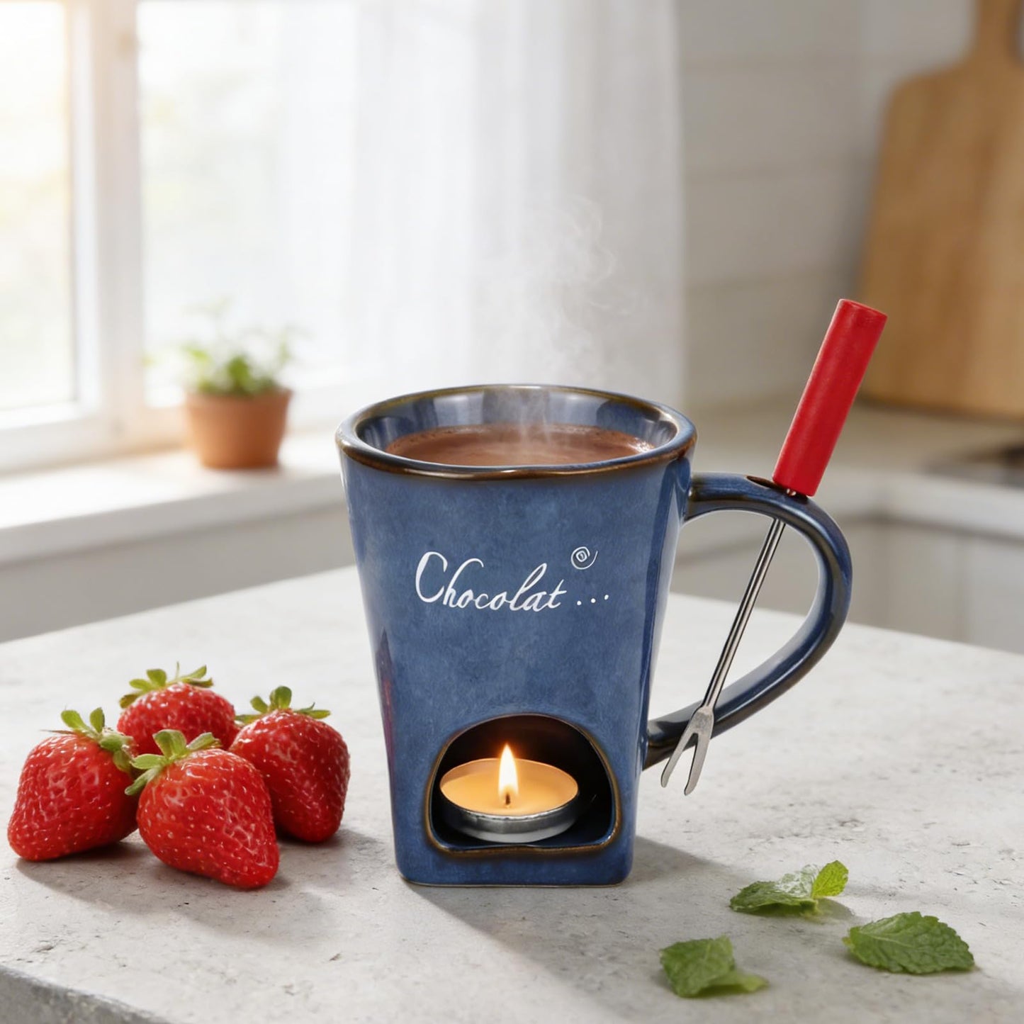 Chocolate Fondue Mug with Fork Sweet Ceramic Personal Chocolate Melting Cup Chocolate Fondue Mug Ideal Gifts for Birthday Date Night Birthday Wedding Gifts (Kiln Transformation)