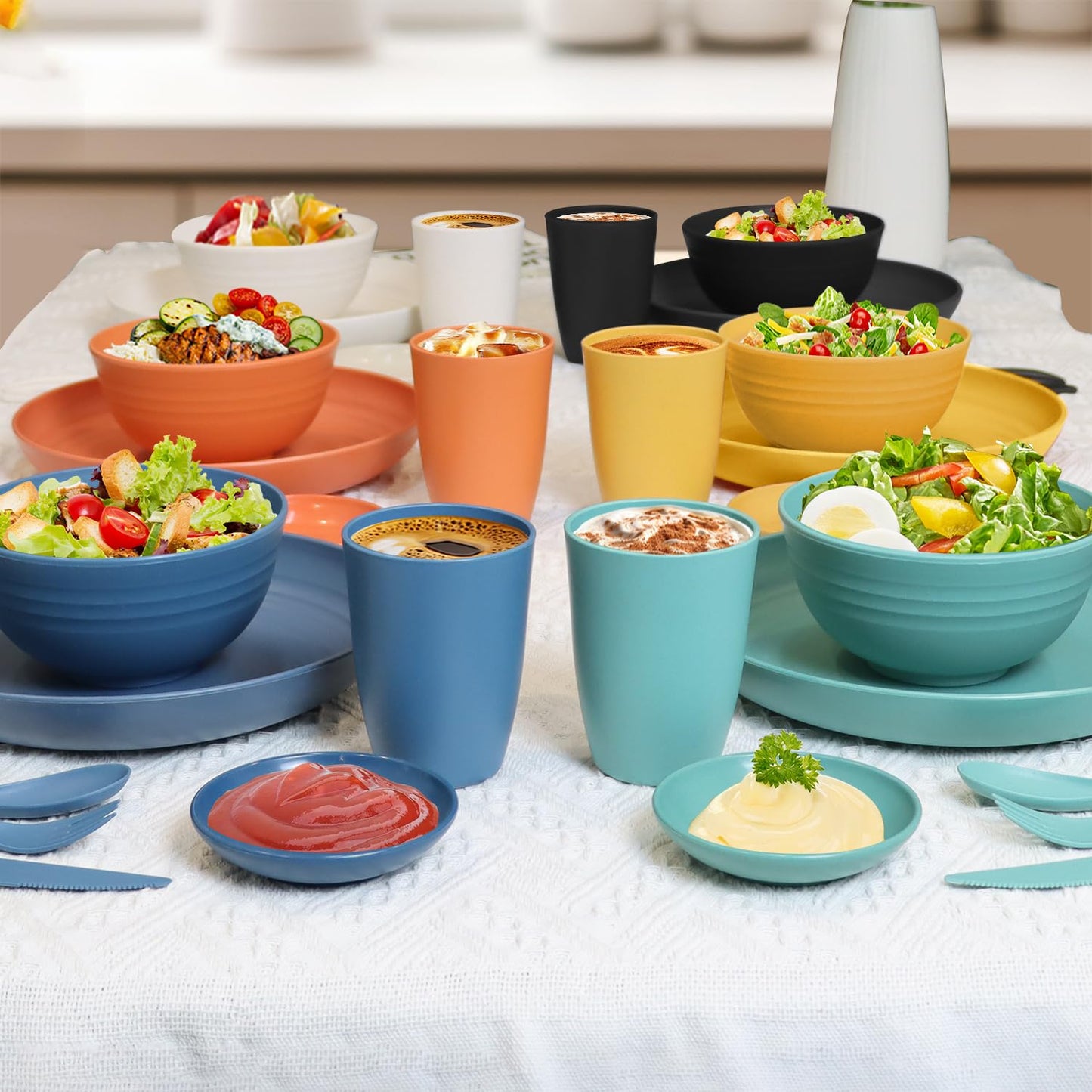 Wrova Wheat straw plates and bowls sets with cutlery - Unbreakable wheat straw dinnerware sets of 28 - Microwave safe plates,bowls,cups for camping,kitchen,new apartment.Colorful