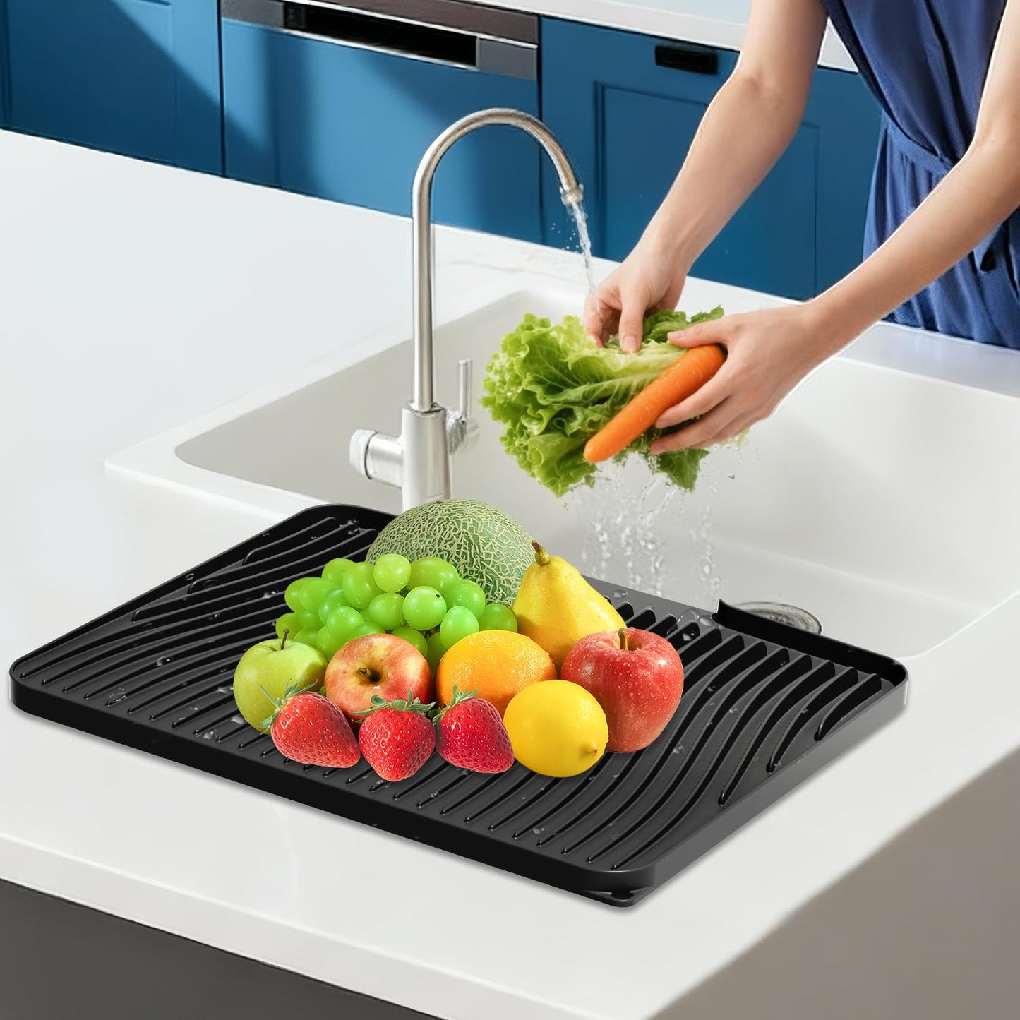 Silicone Dish Drying Mat for Kitchen Counter,Dish Drying Pad,Non-Slip Drain Pad with Built-in Drain,Heat Resistant Stone Drying Mat,15.8"x 13",Black