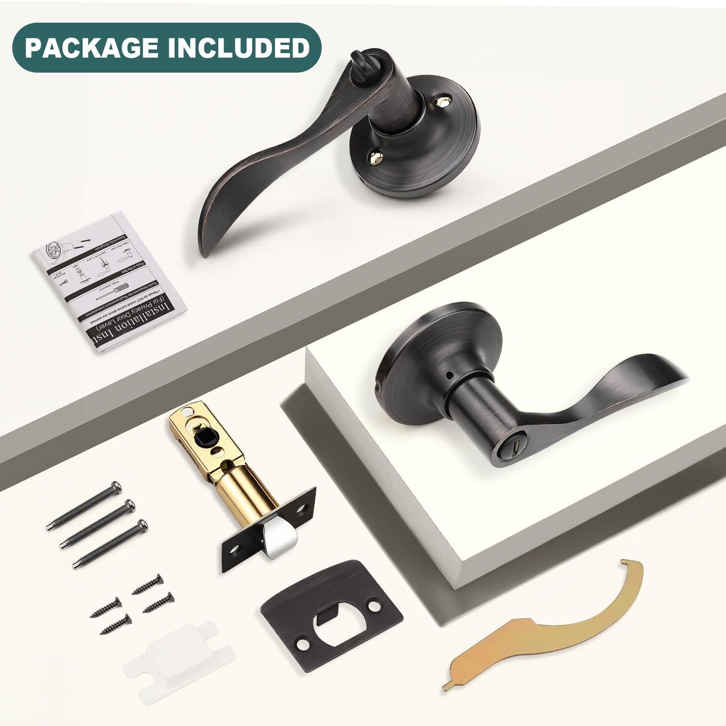 GOBEKOR 4 Pack Privacy Door Levers - Oil Rubbed Bronze Keyless Handles for Bedroom and Bathroom - Bronze Wave Interior Handle With Lock