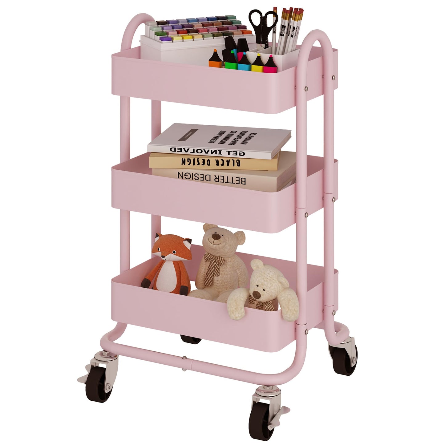 Elitehouse Metal Rolling Cart,3-Tier Pink Rolling Cart with Wheels,Metal Utility Cart with Wheels for Office,Home,Kitchen,Garden๏ผ13.4"x18.1"x31"๏ผ Pink