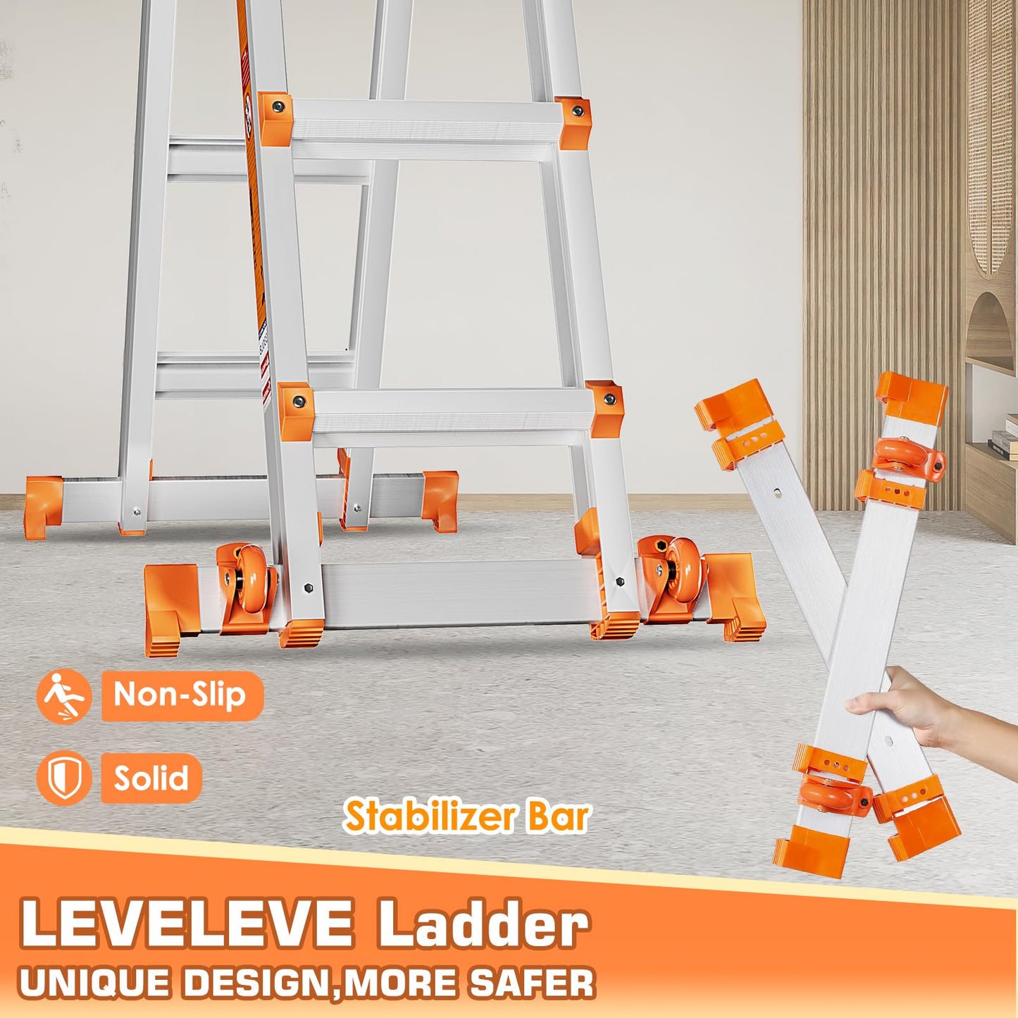 LEVELEVE A Frame 6 Step Ladder, 20FT Extension Ladder with Stabilizer Bar & Wheels,330 lbs Security Load Multi Position Ladder for Stairs Home Indoor Outdoor Roof