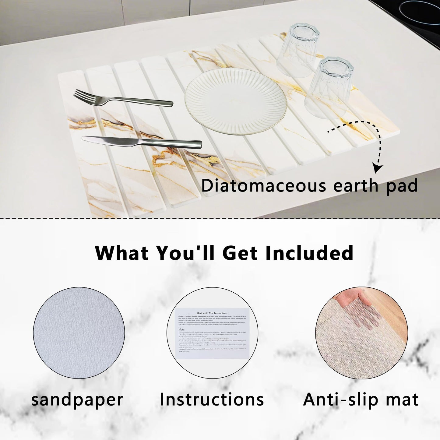Large Stone Drying Mat for Kitchen Counter Diatomaceous Earth Collapsible 24”(L)*16”(W)Super Heat Resistant Mats, Quick Absorbent Dish Drying Rack(Gold marble)