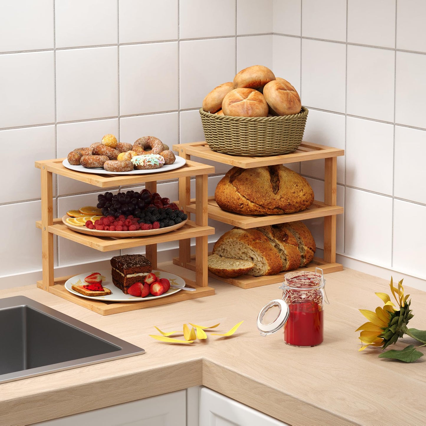 Danfoxer 2 Pack Bamboo Corner Shelf,3 Tier Kitchen Cabinet Organizer for Plates and Dishes,Pantry Storage and Spice Rack(Natural)