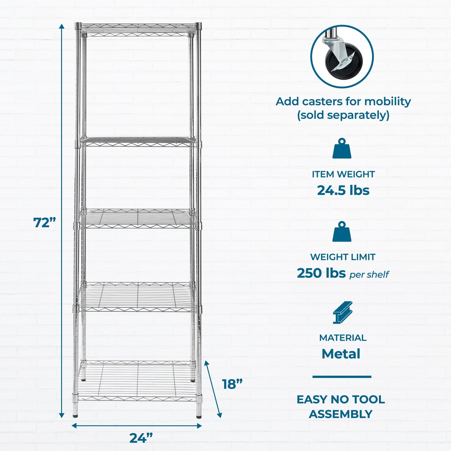 Honey-Can-Do 5-Tier Heavy Duty Adjustable Shelving Unit, 250-lb Per Shelf NSF Certified Metal Storage Rack, Chrome Wire Shelf for Kitchen Pantry Garage, 24 x 18 x 72 in