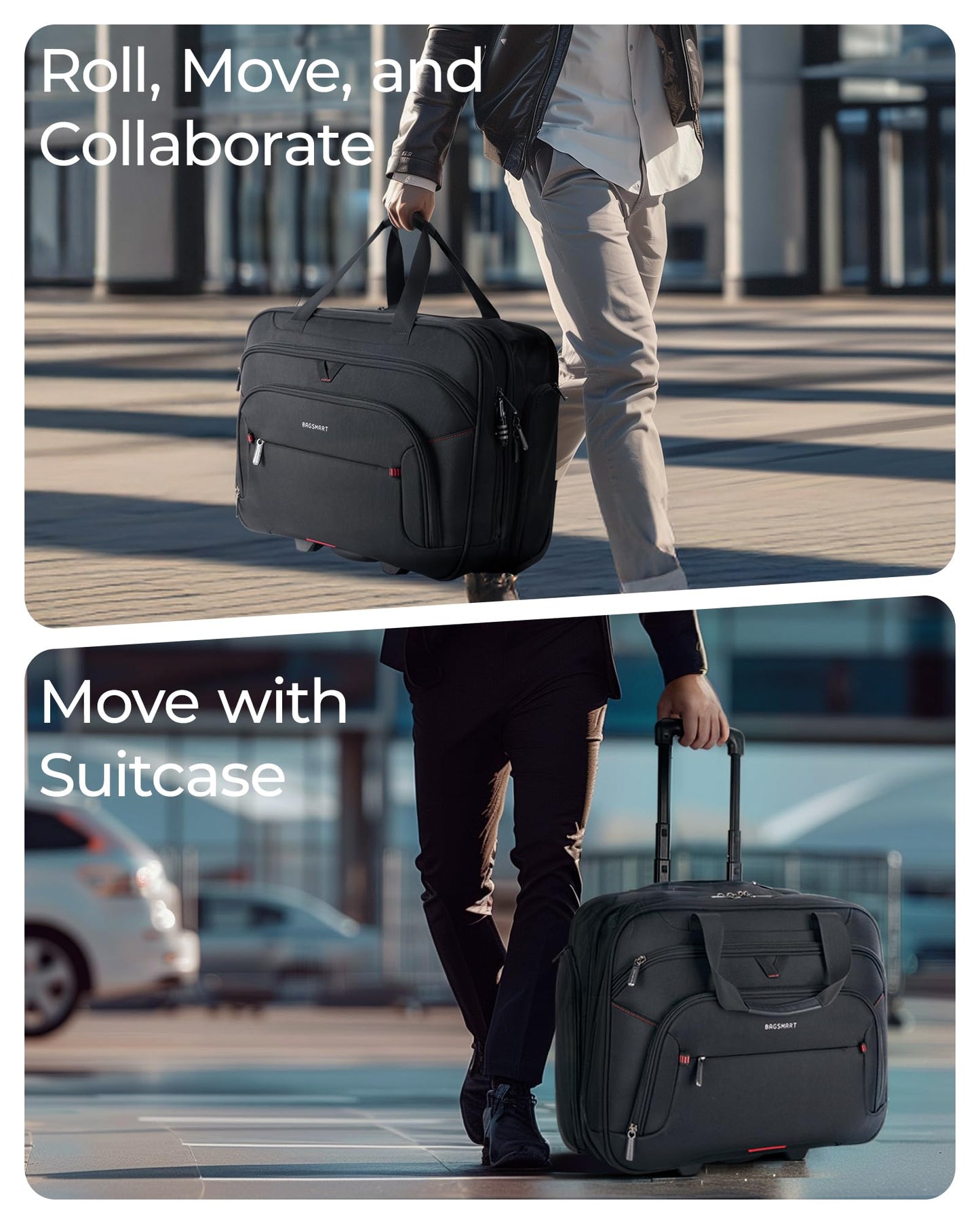 BAGSMART Rolling Laptop Bag, Briefcase with Wheels Fits 17.3 Inch Laptop, Computer Overnight Rolling Bag with TSA Lock for Travel/Men/Women, Black