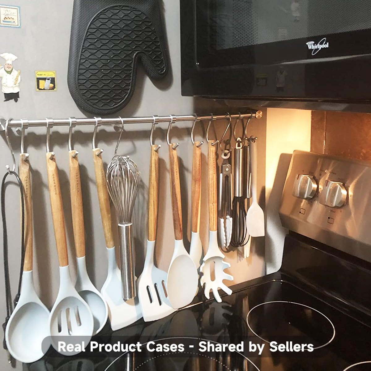OKEPOO Kitchen Hanging Rack, 20 Inch Wall-Mounted Pot Holder with 10 Quiet Sliding Hooks, Rail Organizer Utensil Holder Bar for Cooking Spatulas Cups, Made of 304 Stainless Steel. (Silver)