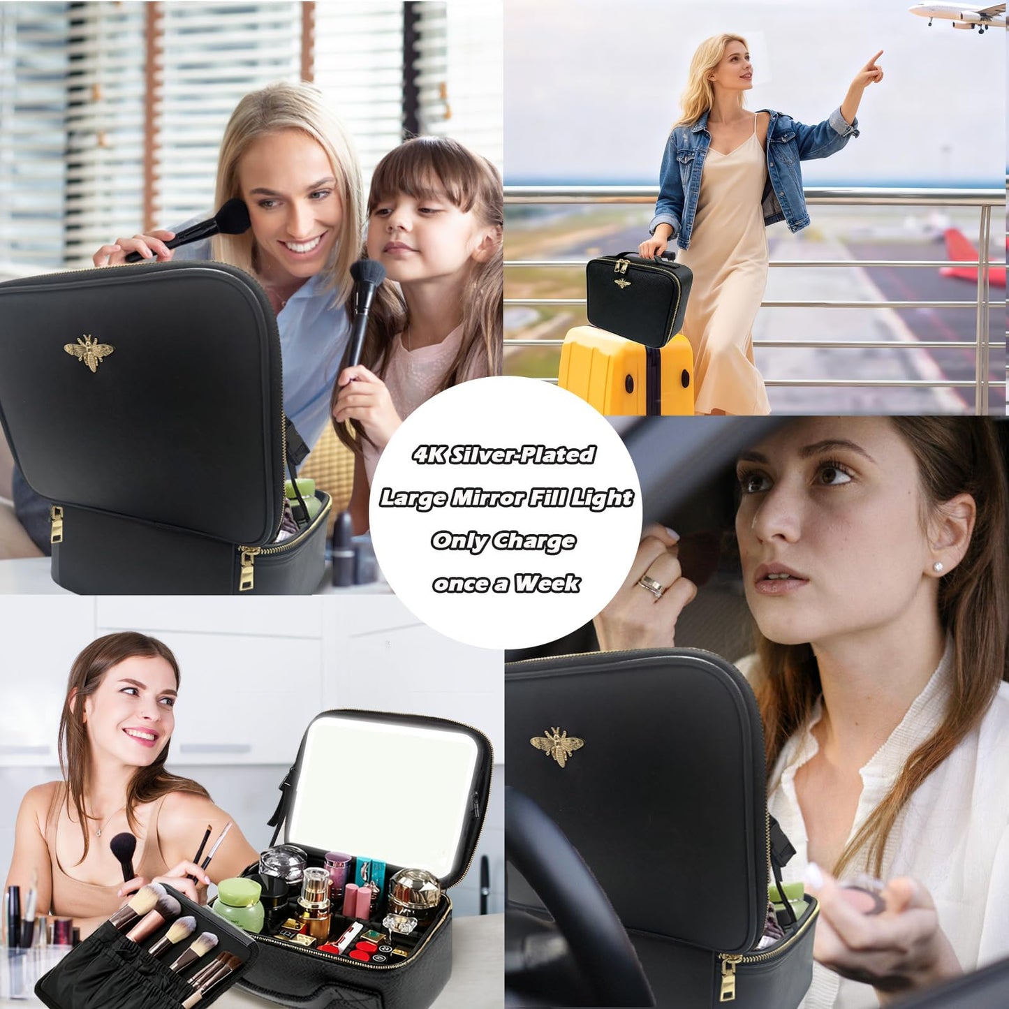 Travel Makeup Bag with Light Up Mirror, Portable Makeup Bag with Led Light Women Waterproof Makeup Travel Case adjustable dividers Rechargeable Vanity Mirror with 3 Color Lights (NO Shoulder Strap)
