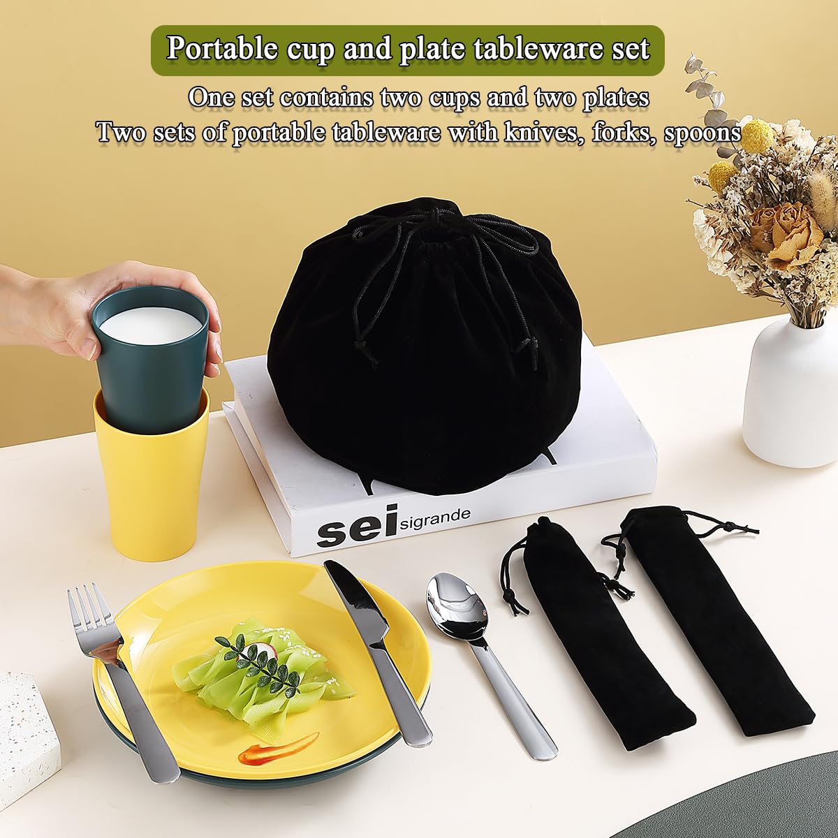 Evanda Camping Cutlery Set 10 Piece, Reusable Light Weight Mug, Plate and Stainless Steel Cutlery Set with Black Bag, for Camping 2 Person, Dishwasher Safe