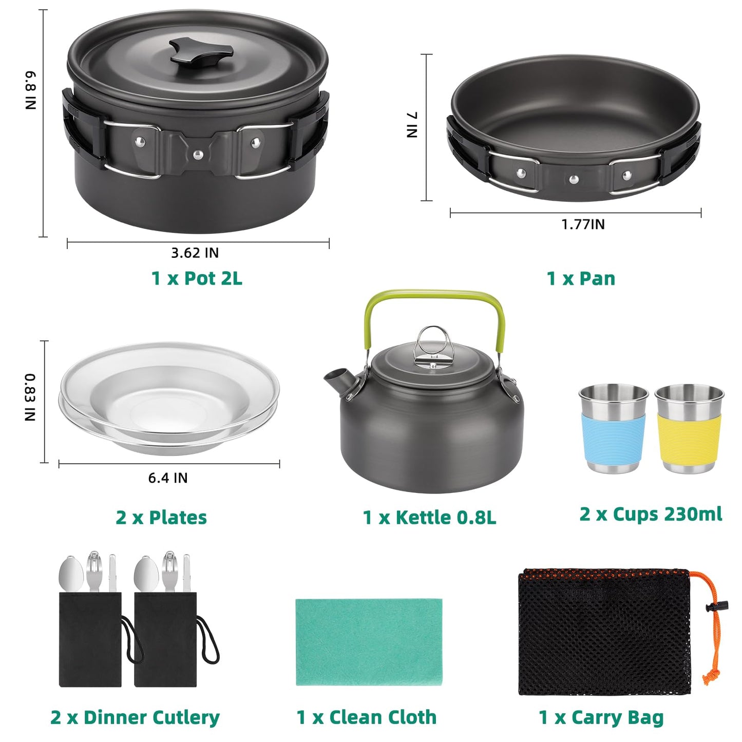 17pcs Camping Cookware Kit, Aluminum Non-Stick Pot, Pan and Kettle Set with 2 Set Stainless Steel Cups Plates Forks Knives Spoons for Backpacking and Hiking Camping
