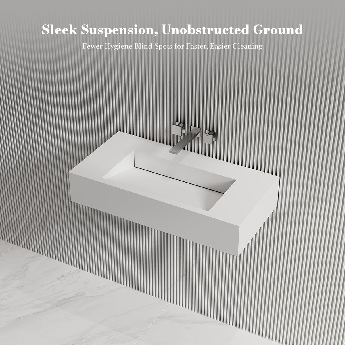 MonBlari 32" White Stone Resin Rectangular Vessel Sink, Wall-Embedded Drain V-Shaped Floating Bathroom Sink, Modern Art Basin for Vanity,Matte White