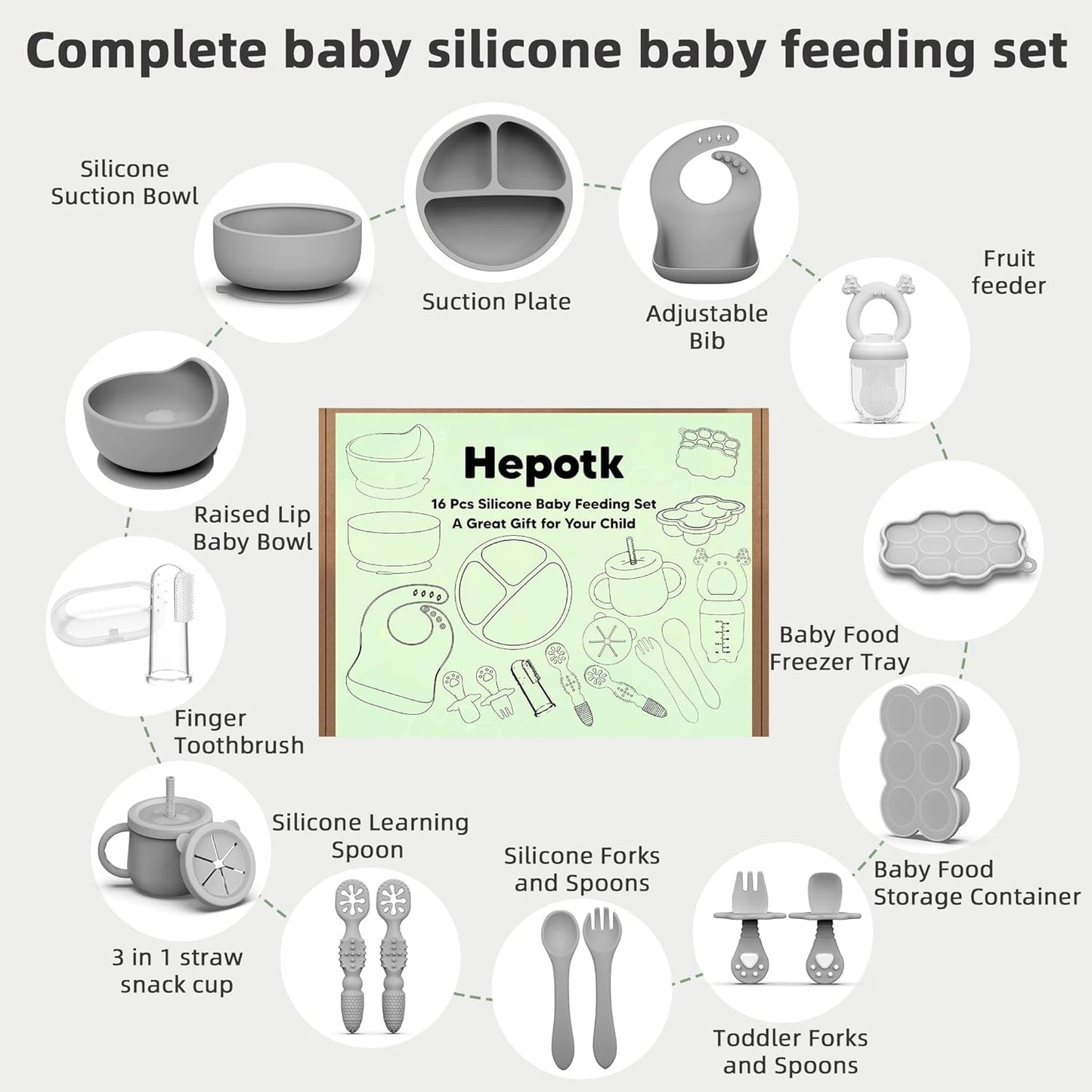 16 Pack Silicone Baby Feeding Set, BPA-Free Baby LED Weaning Supplies, Include Suction Plates, Baby Bowls, Silicone Fork & Spoon, and More, First Stage Baby Food Eating Utensils - 6+ Months(Grey,16)