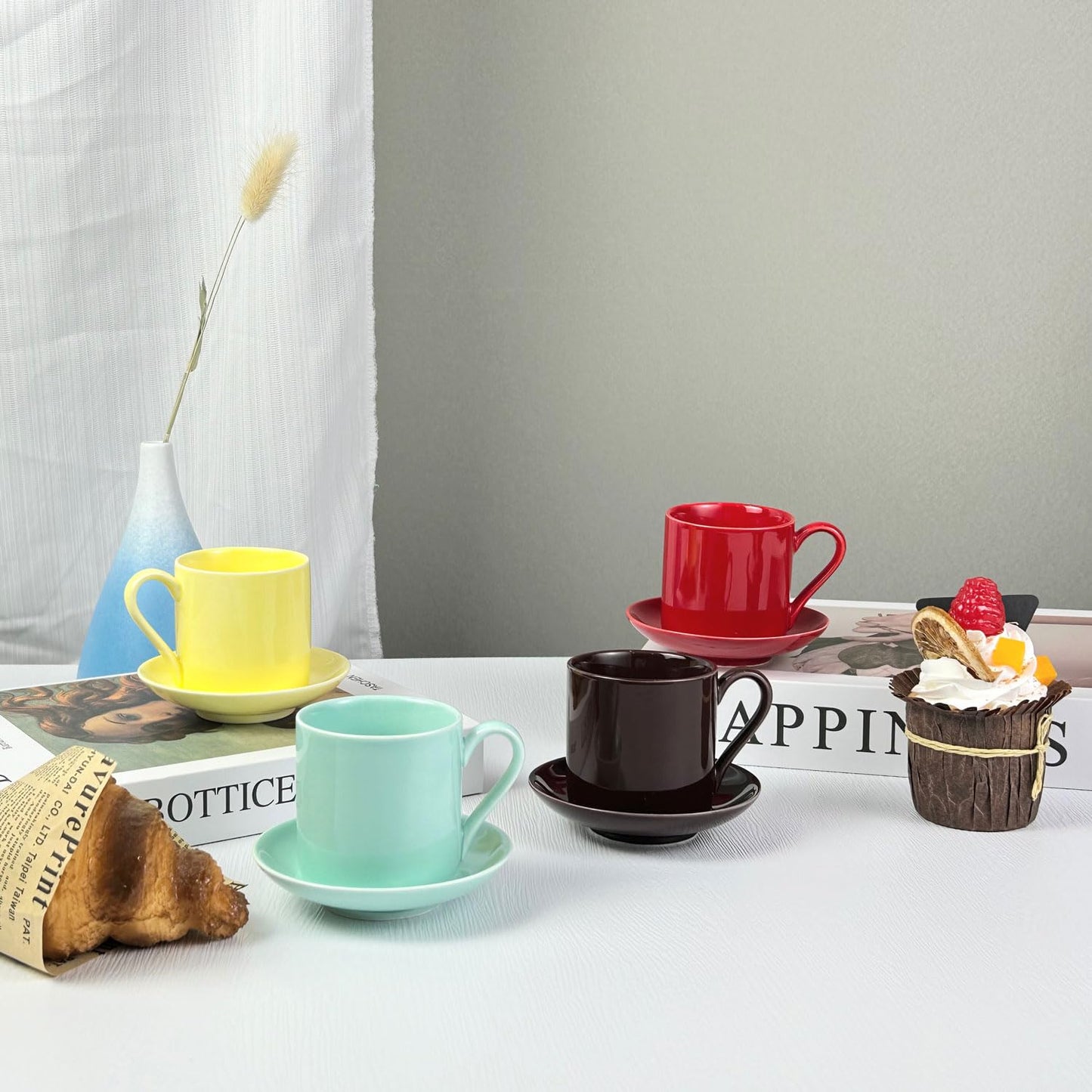 Porcelain 3.5oz Espresso Cups Set of 2 with Matching Saucer, Ceramic Demitasse Espresso shot Cups for Turkish, or Italian Coffee- Microwave Dishwasher Safe,Brown
