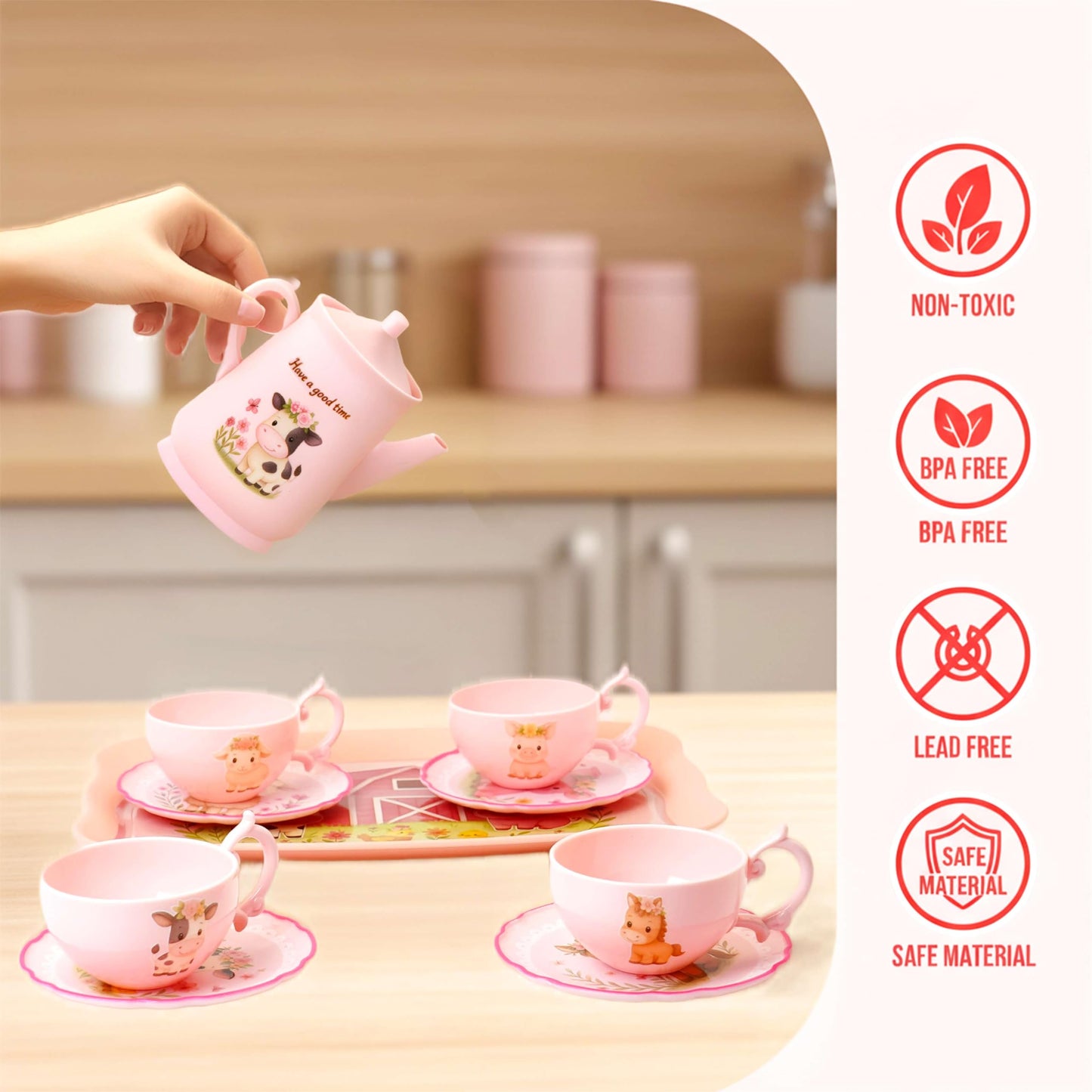 Lajeje Pink Barn Tea Party Set for Little Girls, 47PCS Farm Animal Pretend Play Tea Time Kit, Tea Sets for Toddlers 3-5 with Teapot & Story Cards, Carry Case Girls Birthday Gift, Easter Basket Stuffer