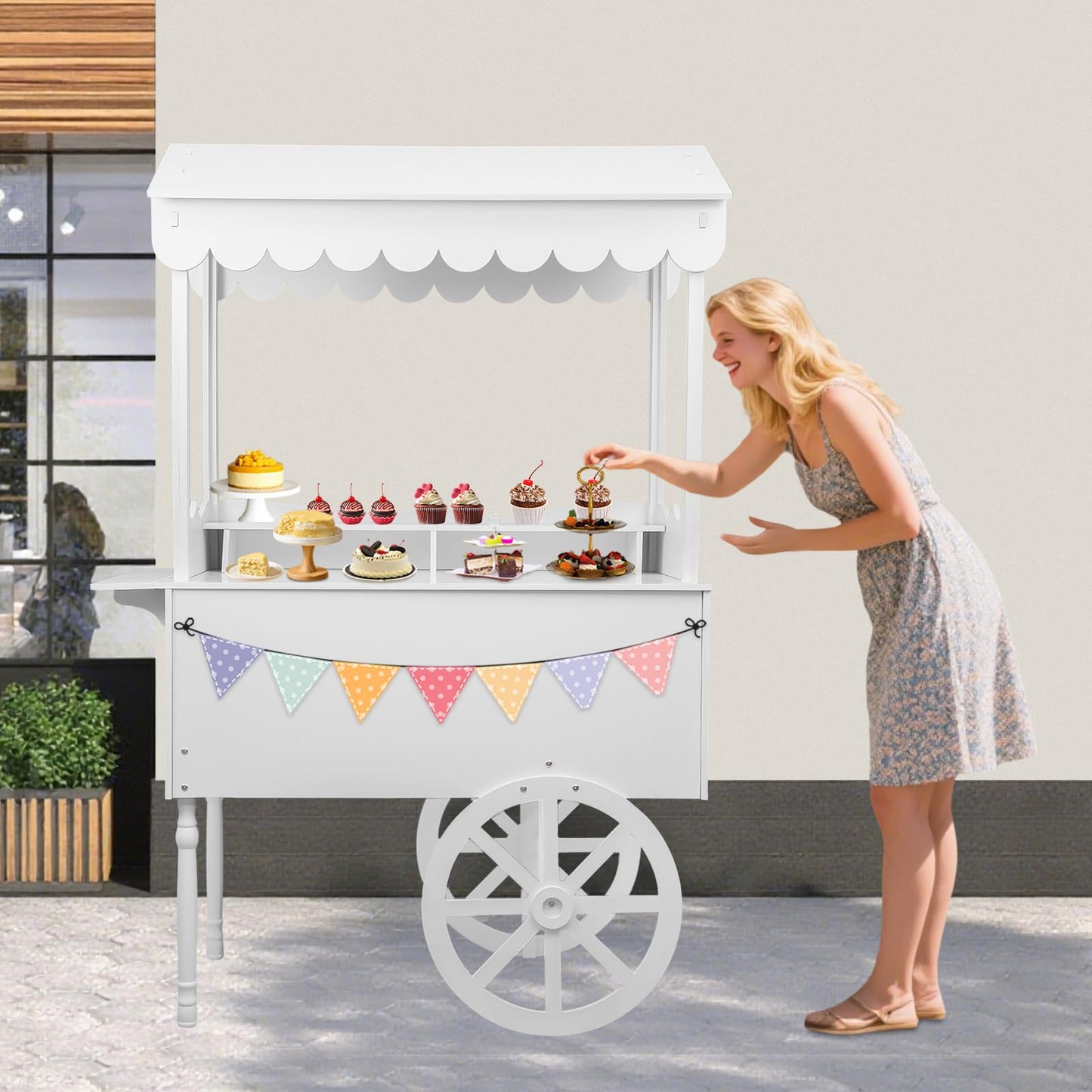 Fichiouy White Candy Cart for Party with Wheels,Wooden Dessert Display Stand,Modern Ice Cream Cart for Wedding, Home & Commercial Decoration