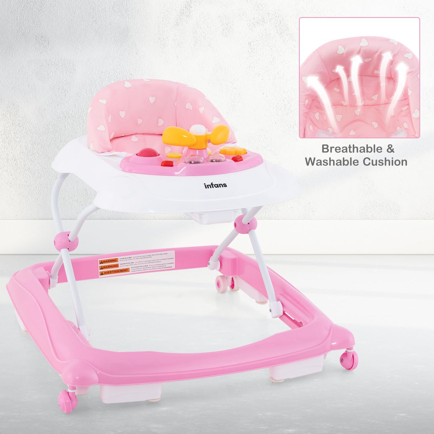 INFANS Foldable Baby Walker, 3 in 1 Toddler Walker Leaning-Seated Walk-Behind with Removable Music Tray, Adjustable Height, Washable Seat Cushion for Boys and Girls (Heart)