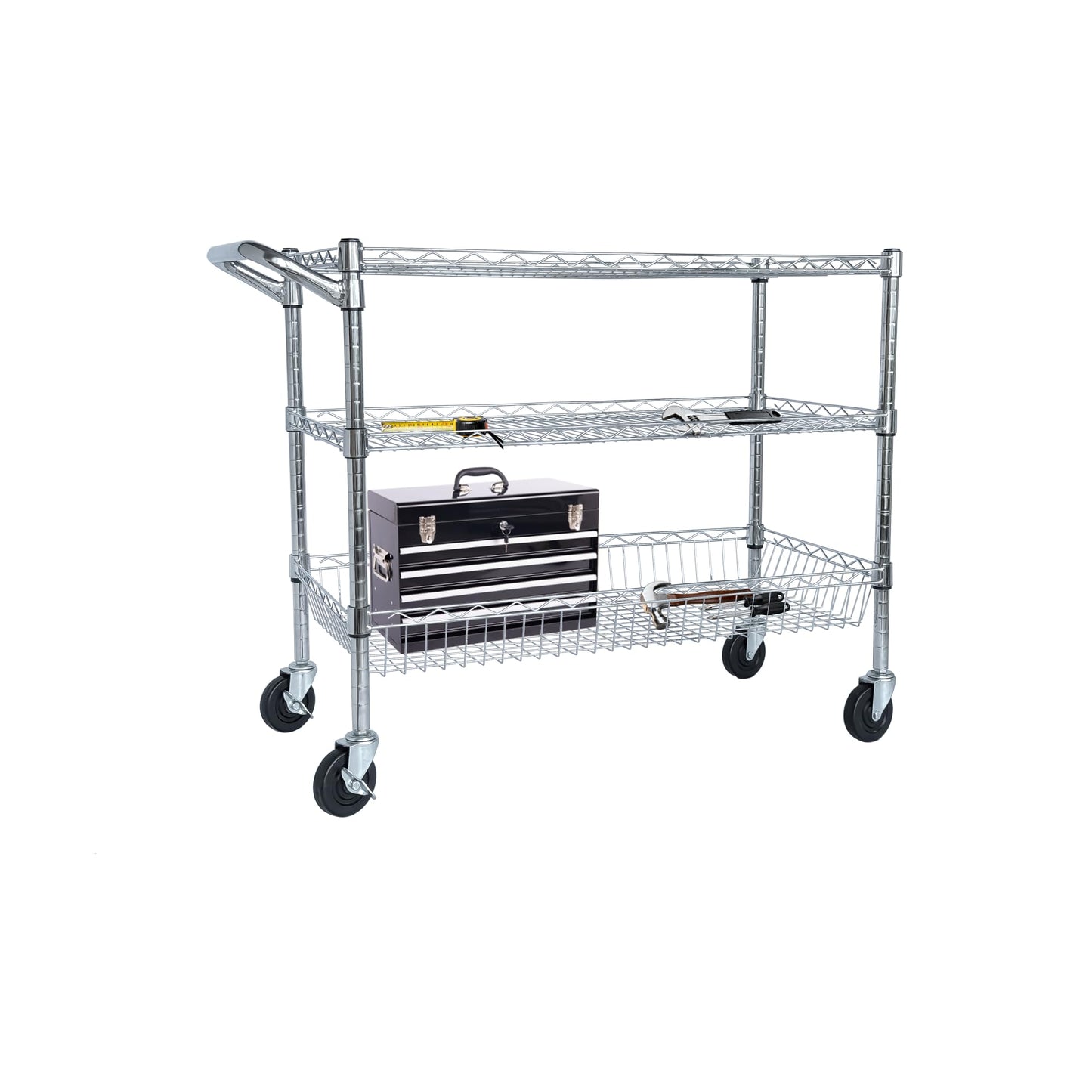 Sailret 36" Wx18 D Commercial Grade Rolling Utility Cart, 3 Tiers Metal Kitchen Utility Cart with Wheels for Restaurant, Office & Home, Storage Trolley with 105 mm Deep Basket, Wire Food Service Cart