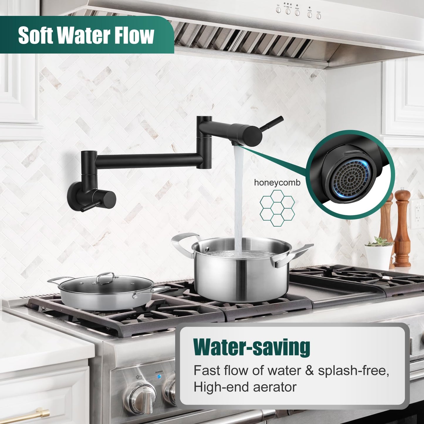 Heyalan Pot Filler 19 Inch Wall Mount Folding Stretchable Kitchen Restaurant Faucet Stainless Steel Pot Filler Double Joint Swing Arm Two Handles Commercial NPT,Straight Handle,Matte Black
