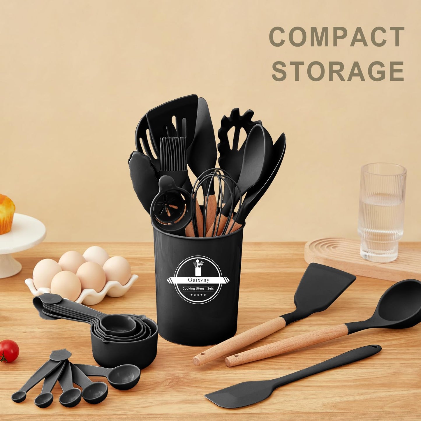 Gaixvny Kitchen Utensils Set - 34 PCS Non-Stick Silicone Cooking Utensils Set Spatula Set with Holder, Wooden Handle Spoon,Brush,Whisk Kitchen Gadgets Tools Set for Nonstick Cookware (Black-34P)