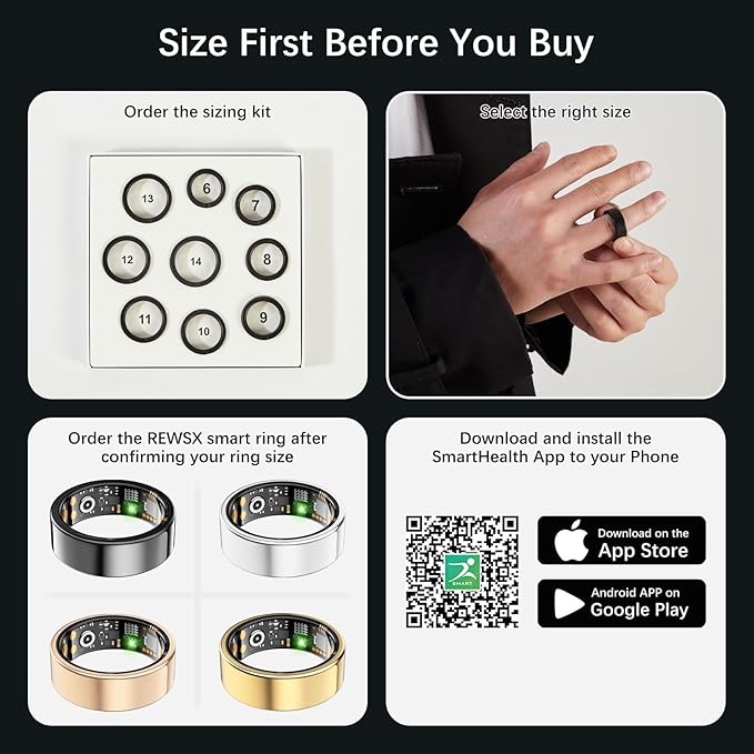 Smart Health Ring for Women Men, Fitness Tracker Ring with Heart Rate, Blood Oxygen, Sleep Tracker, Step Tracker, No Subscription Fee, IP68 Waterproof Smart Ring for iPhone & Android (Silver, 12#)