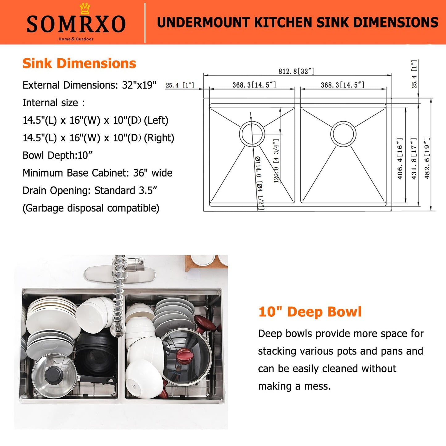 SOMRXO 32 Inch Double Bowl Kitchen Sink Undermount - 32x19 Undermount Workstation Sink 16 Gauge Stainless Steel 10 Inch Deep Double Bowl Kitchen Sinks