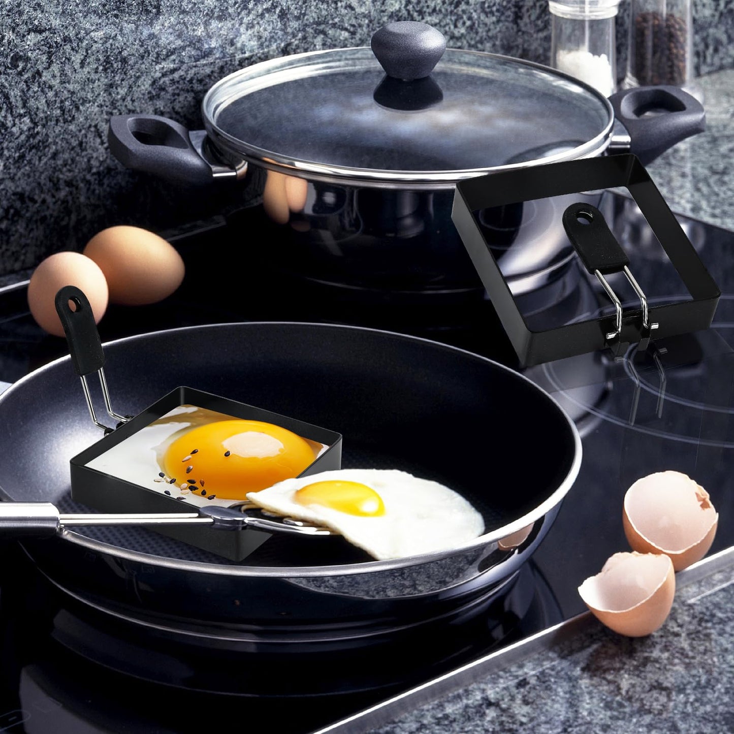LXLOVESM 2-Pack 4'' Square Egg Rings Set with Silicone Handle, Stainless Steel Egg Cooking Rings,Nonstick,For Frying Eggs and English Muffins Pancake, Egg Mold Shaper For Breakfast