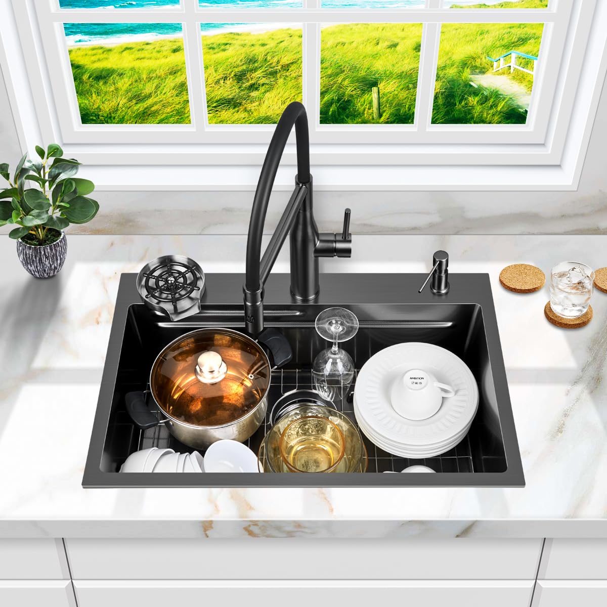 FRANIC 29" Handmade Black Bar Workstation Sink, 29" x 18" x 8" Stainless Steel Matte Nano Black Topmount Single Bowl Small Kitchen Outdoor Sink