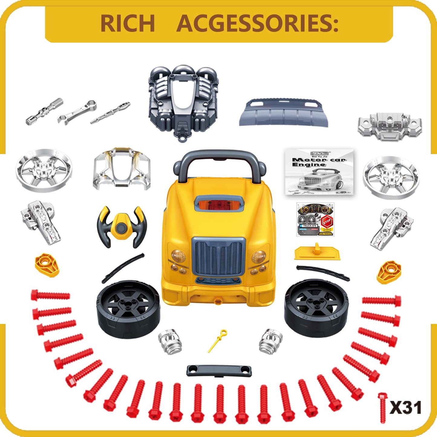 MUGEYMYD Large Truck Engine Toy for Kids 3-5, Take Apart Motor Vehicle Pretend Play Car with Light and Sound, Kids Mechanic Workshop Set, Toy Engine Building Kit for Toddlers.