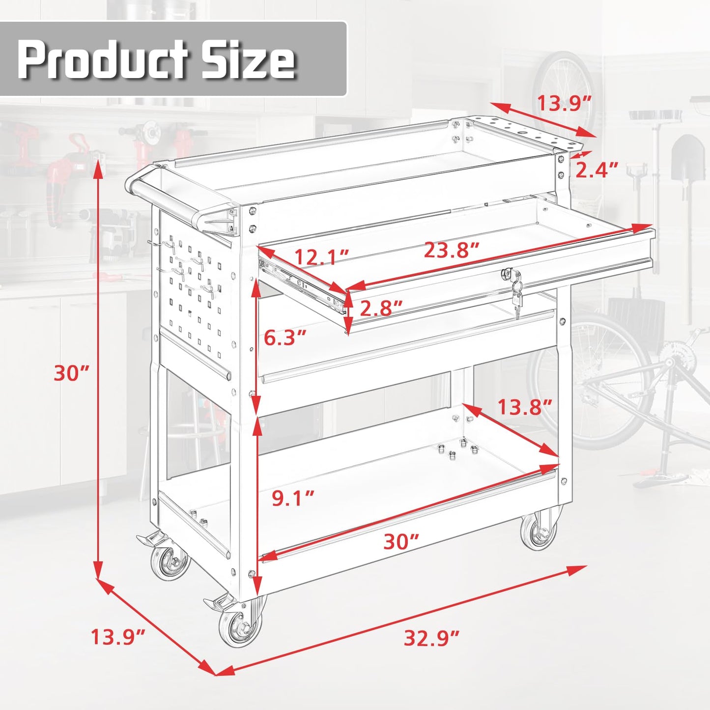 Pelnuies 3 Tier Rolling Tool Cart with Drawers, 400 LBS Capacity Mechanic Tool Cart on Wheels, Heavy Duty Utility Cart with Pegboard, Metal Work Cart for Garage and Repair Shop, Matte Black