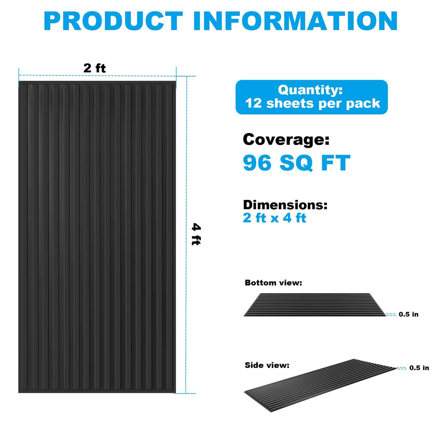 Ceiling Panel 2x4 Feet, PVC Decorative Ceiling Covering Panel, 3D Striped Wall Panel Indoor Wall Decoration, 12 Piece Pack Waterproof Ceiling Panel for Office/Basement/Kitchen/Recording Studio,Black