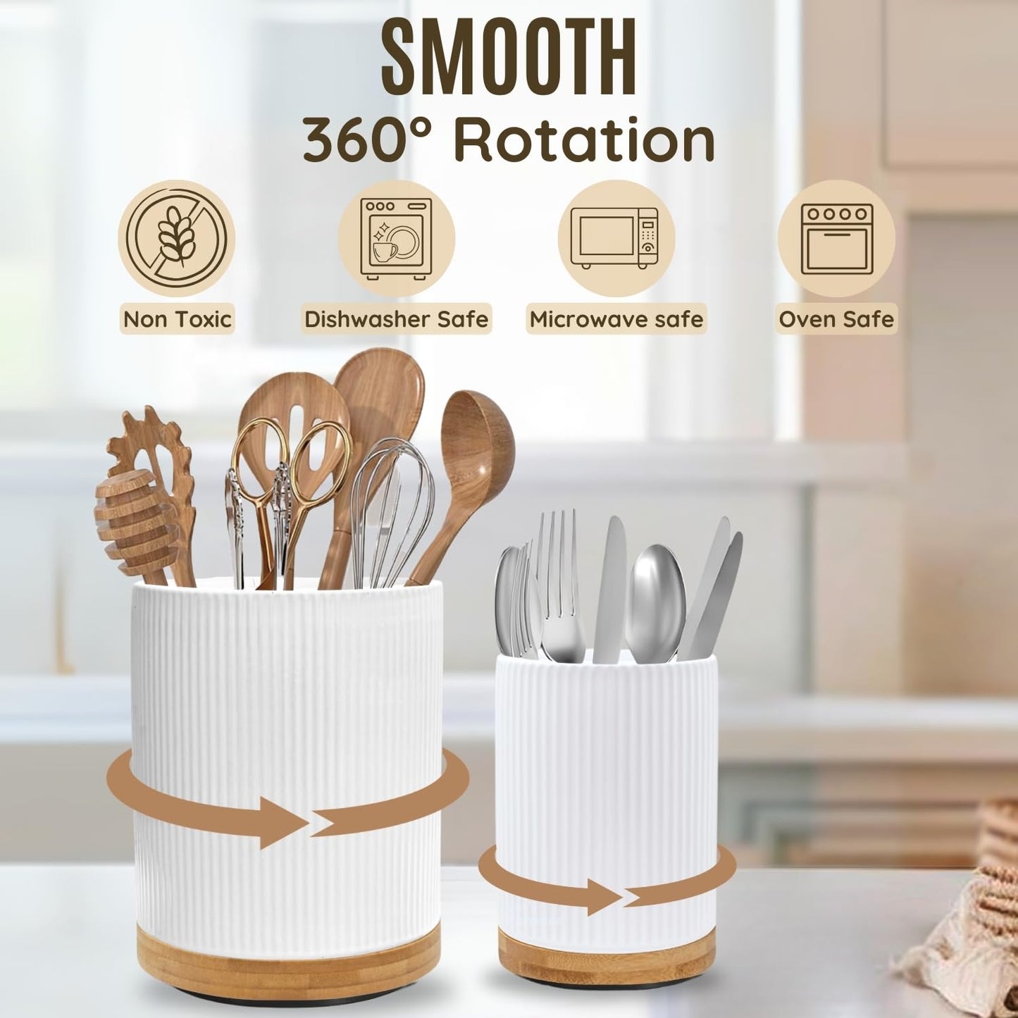 NURTURE KNOTS 2 Pack Ceramic Utensil Holder, 7.3"+5.4" Large kitchen utensils holder for Countertop, 360ยฐ Rotating Cooking Utensil Crock for Kitchen Counter with Detachable Wooden Base, Kitchen Dรฉcor