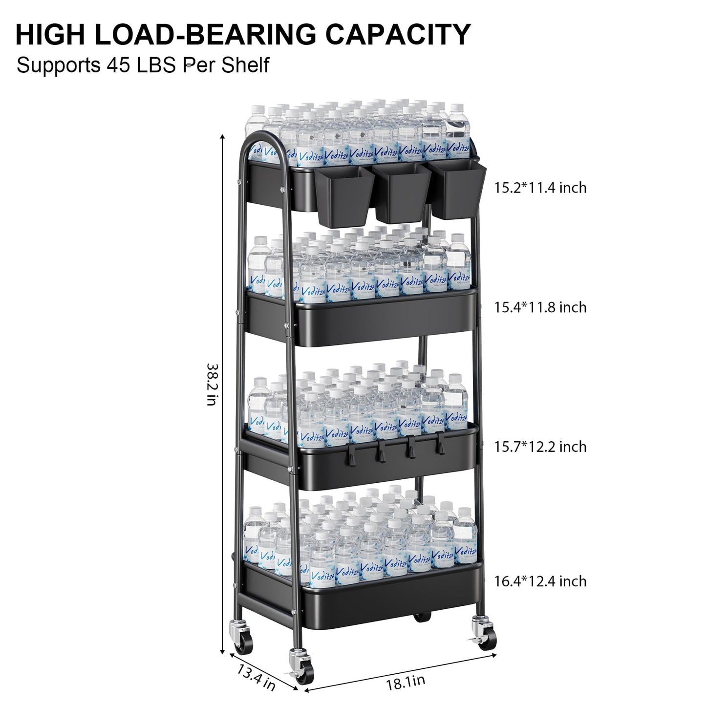 Black 4 Tier Rolling Cart Metal with Lockable Wheels, Four Tiered Tall Storage Rolling Cart on Wheels, Heavy Duty Utility Organizer Carts for Laundry, Kitchen, Dorm, Craft, Art, Snack,Mesh Basket,38in