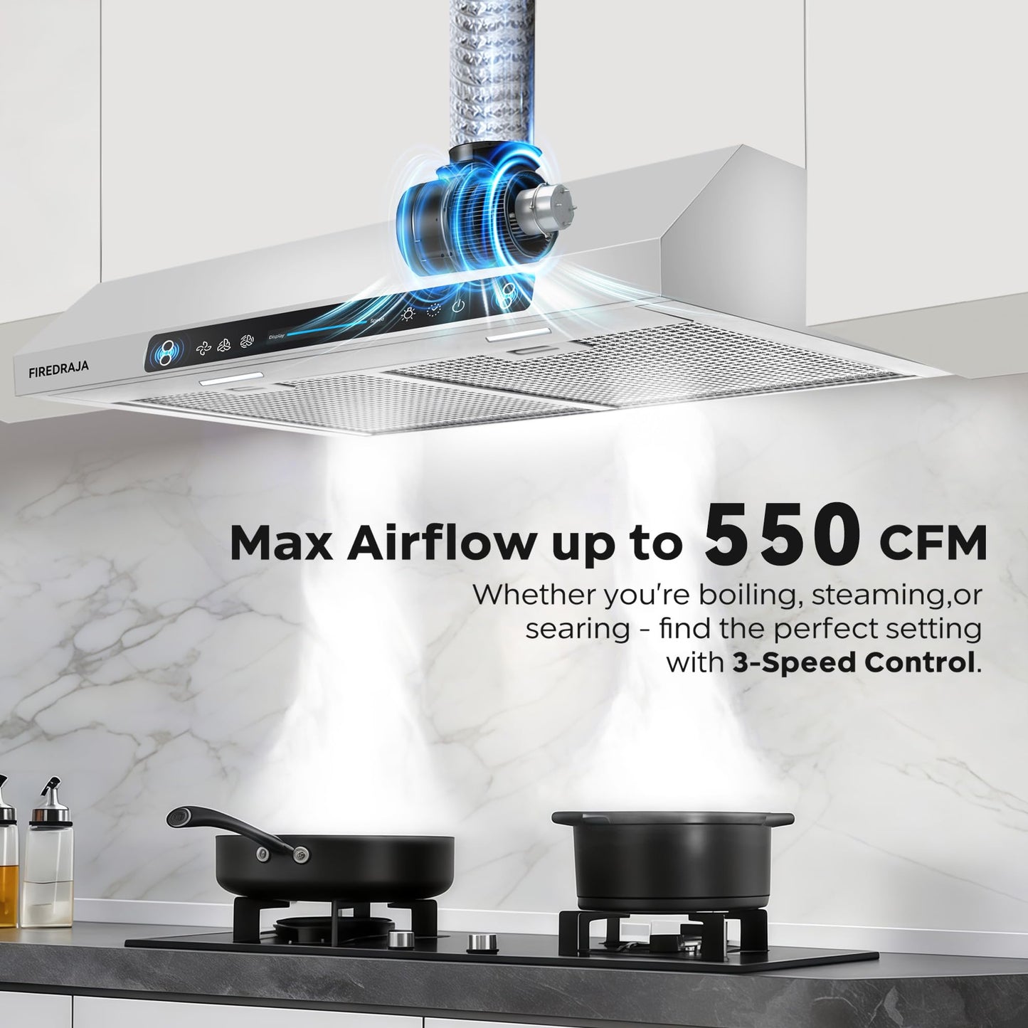 30 Inch Under Cabinet Range Hood |550 CFM Kitchen Vent Hood with Touch & Gesture Control | 3-Speed Quiet Operation | Stainless Steel with LED Lights, Ducted/Ductless convertible