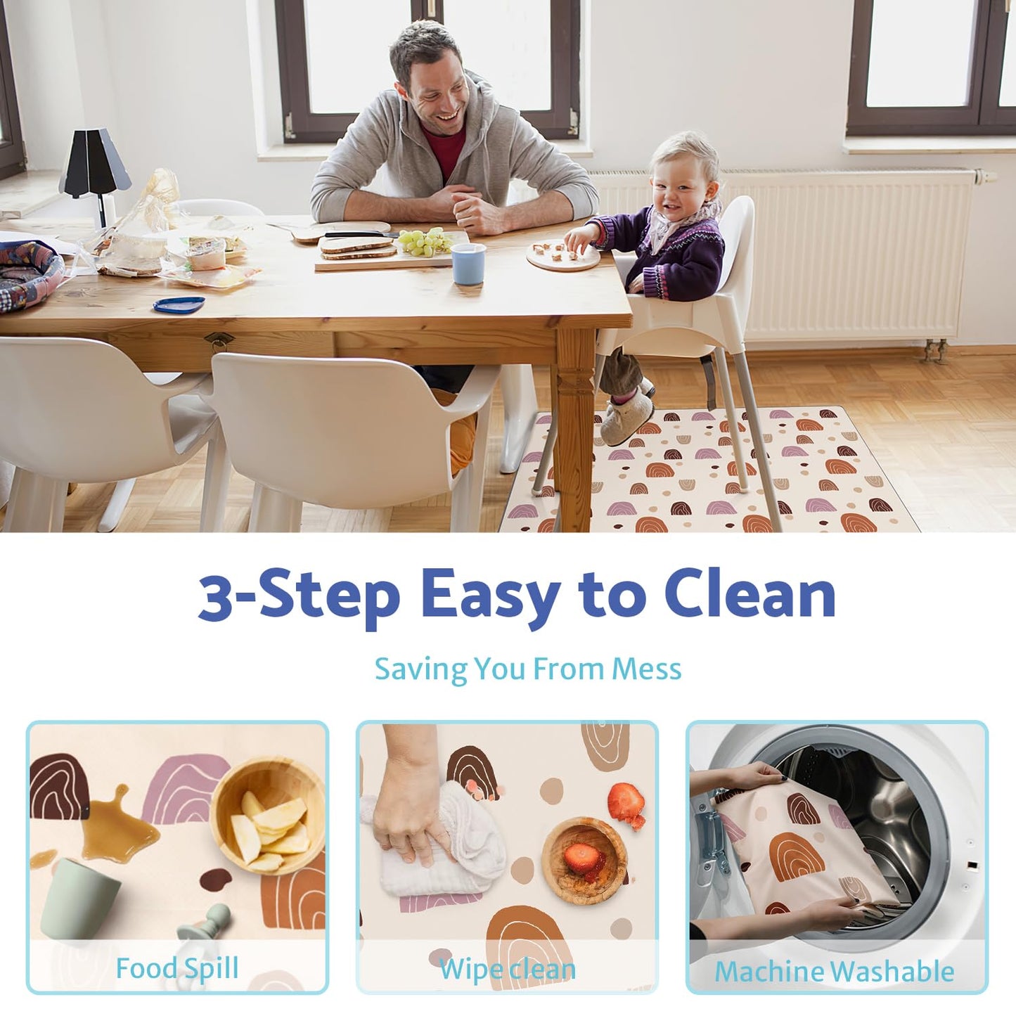Blissful Diary Baby Splat Mat for Under High Chair, 50.4 x 50.4 Inch Wipeable Splash Mat, Waterproof and Washable, Anti-Slip Floor Protector, Boho Rainbow
