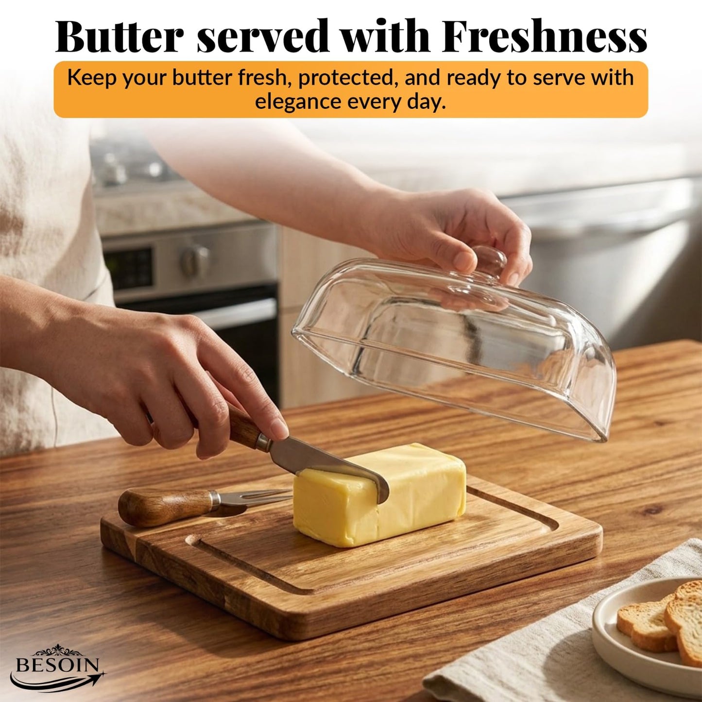 Butter Dish with Lid and Knife Set - Elegant Glass Butter Dish for Countertop โ Wooden Base Butter Holder - Large Butter Dish with Lid for 8oz Sticks, Cheese, & Fruit