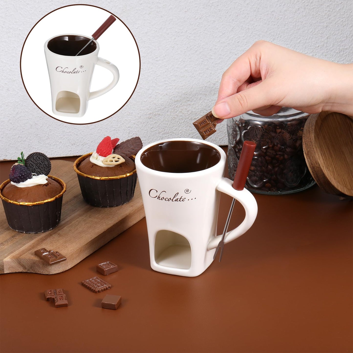 IMengjbang 2 Pack Ceramic Chocolate Fondue Mugs with 2 Forks, White Personal Fondue Mugs Melting Pot for Cheese Caramel Butter Suitable for Date Night Birthday Wedding Gifts