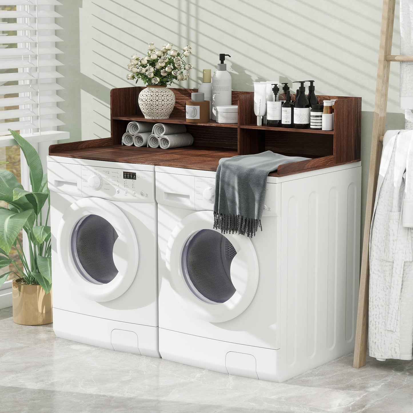 Laundry Topper For Washer And Dryer, Large Laundry Countertop Cover With Non-Slip Pads , 2 Tier Wooden Washer Dryer Topper For Folding Clothes, Laundry Countertop Over Washer And Dryers,Walnut