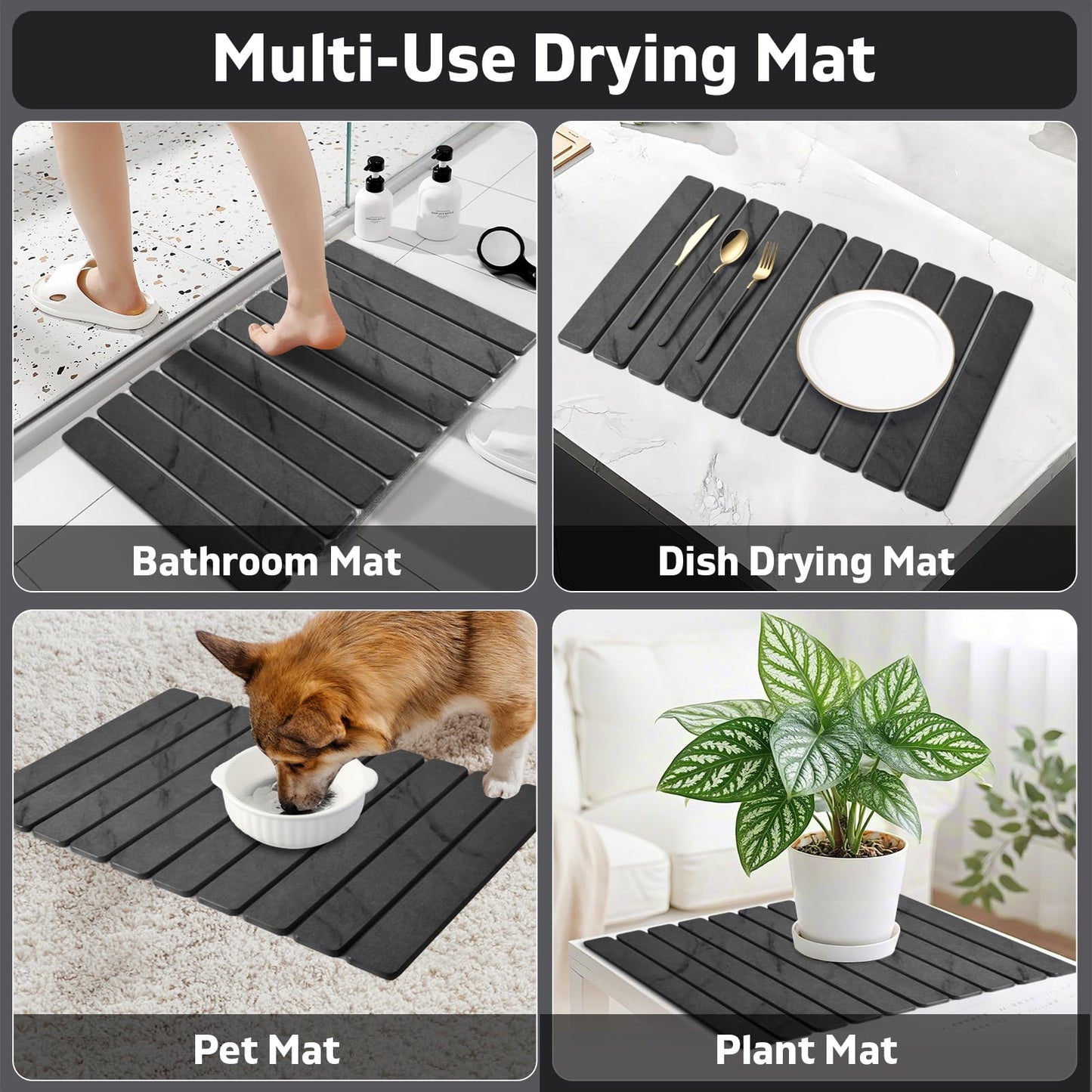 Large Stone Dish Drying Mat for Kitchen Counter, Quick Dry Dish Drying Mats, Foldable Absorbent Diatomaceous Earth Mats for Dishes Bottles Cup, Match Any Countertop (Gray Marble 24"×16" & 8"x4")