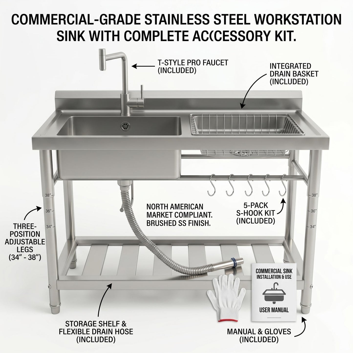 Freestanding Utility Sink 47" x 20" x 37", Left Side Single Bowl with Right Side Countertop and Storage Drawer, Stainless Steel Laundry Sink with T Shape Faucet, Workbench for Garage or Laundry Room