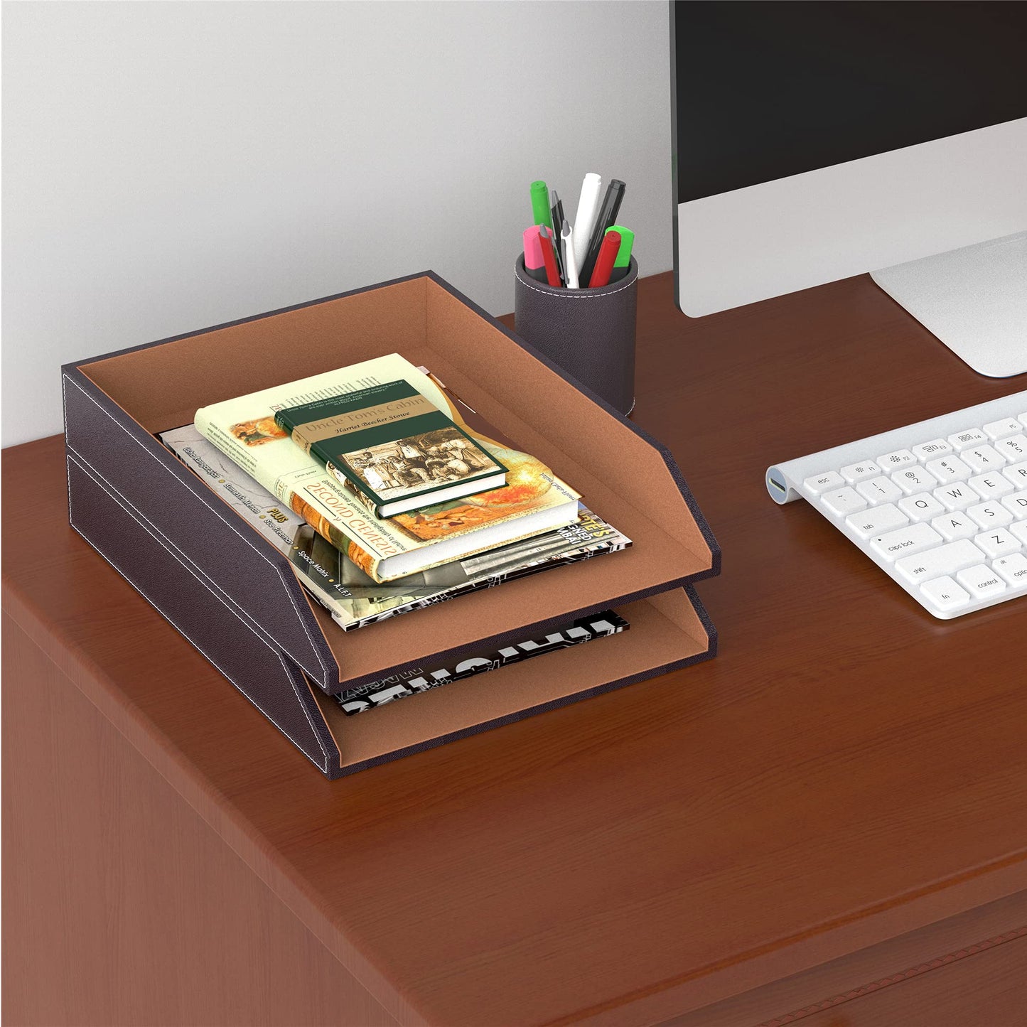 Leather Letter Tray, Thipoten Stackable Desk Organizer Holder for Office Supplies, Paper, File, Magazine, Perfect Office Organization for Desktop (Brown-2Tiers)